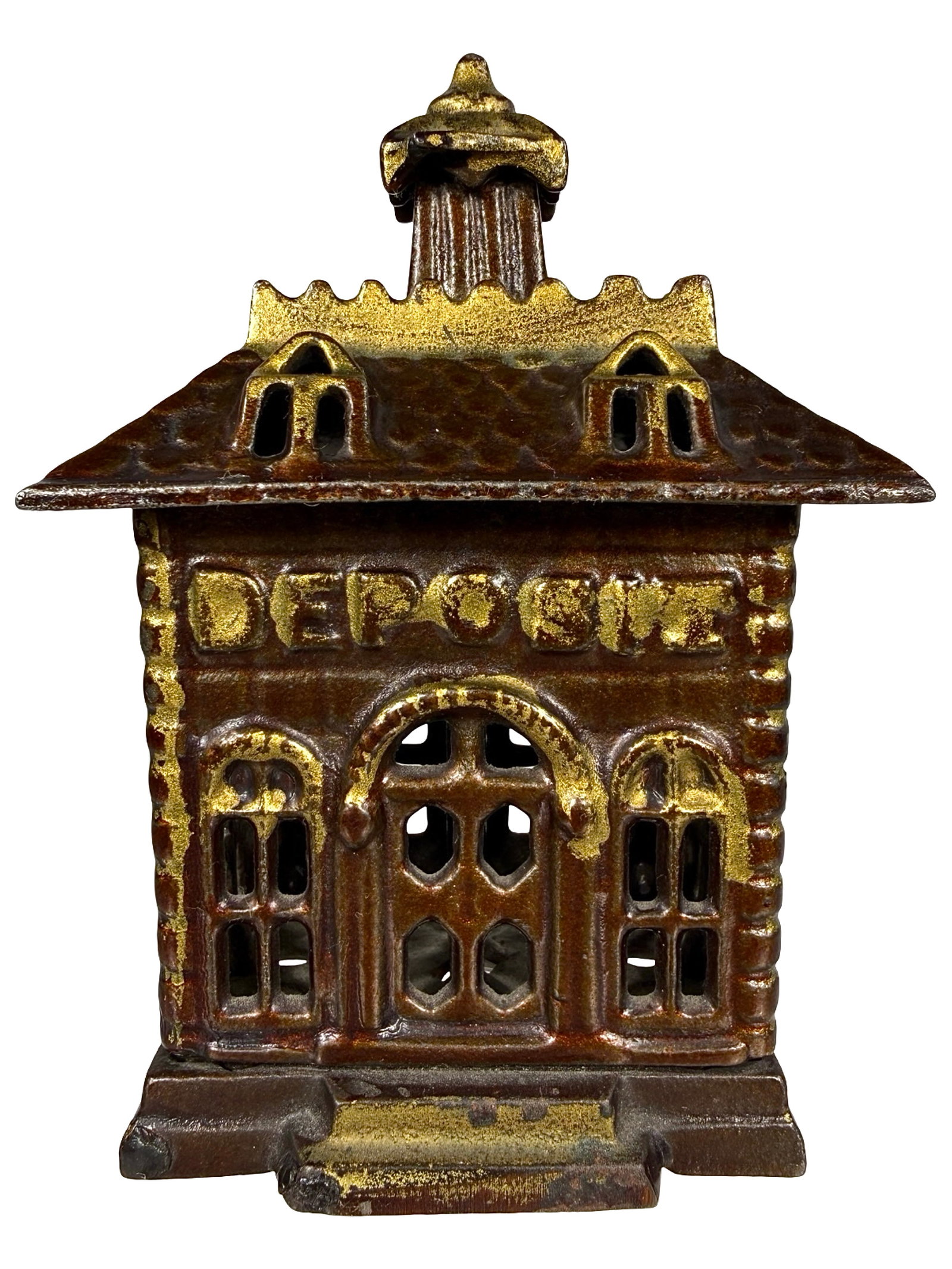Deposit Bank - Gold Details: Attributed to Grey Iron Company. Mount Joy, Pa. - 1900 - 4 1/8" Tall. The Tom Kellogg Collection.