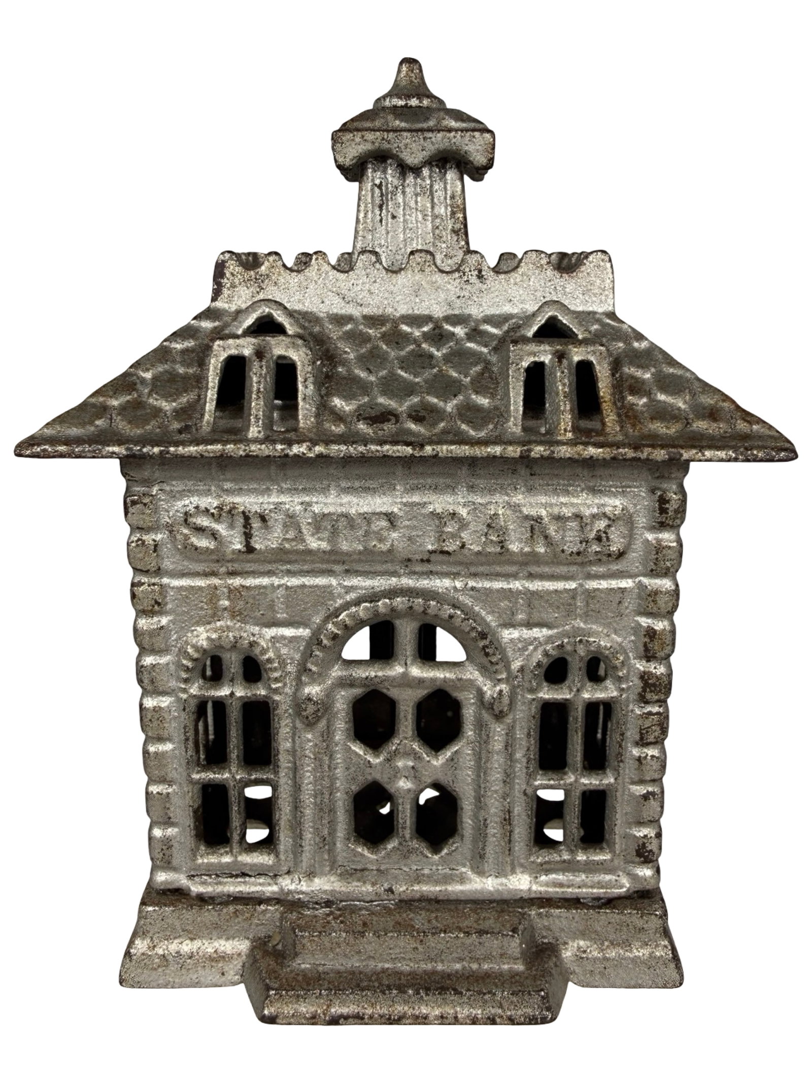 Silver Painted State Bank: Attributed to Grey Iron Company. Mount Joy, Pa. - 1900 - 4 1/2" Tall. The Tom Kellogg Collection.
