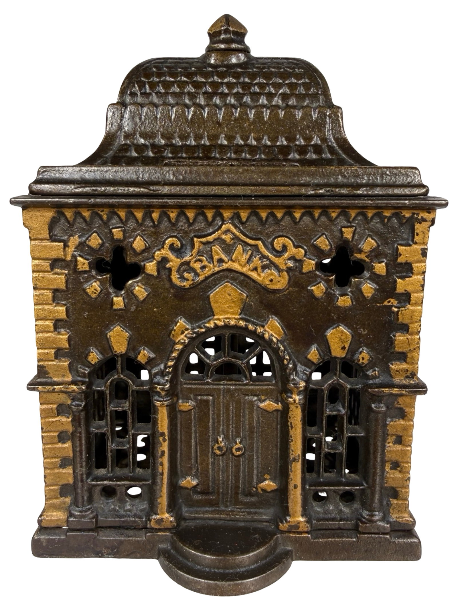 Roof Bank - Gold Details: By the J. & E. Stevens Company. Cromwell, Ct. - Ca. 1890 - 5 1/4" Tall. The Tom Kellogg Collection.