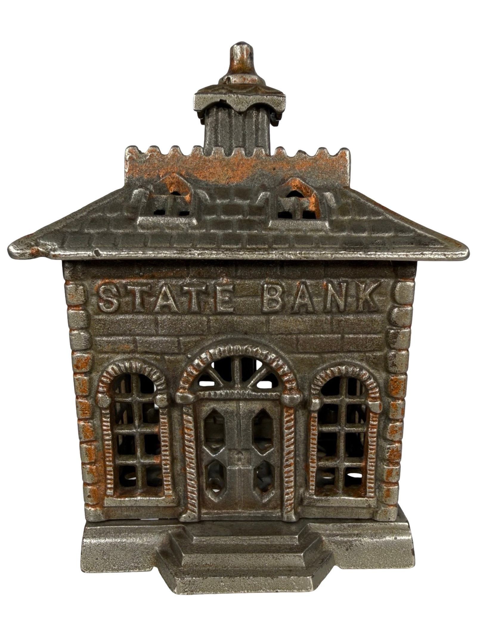 Nickel Plated State Bank with Great Copper Details: Attributed to Shimer Toy Company. Toledo, Ohio - Late 1890's - 5 1/4" Tall. The Tom Kellogg Collection. Illustrated P. 211 in the Peirce Book.