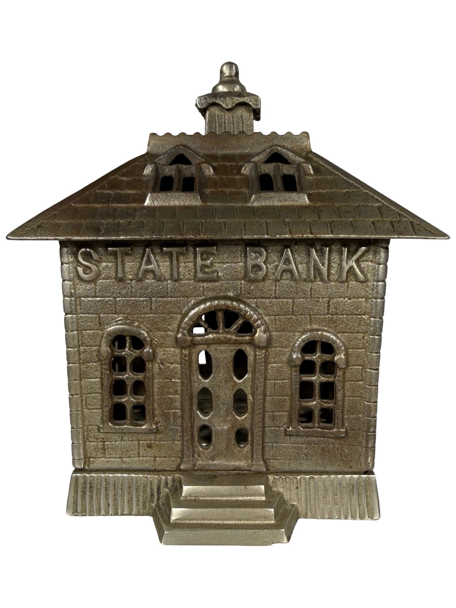 Rare Nickel Plated State Bank - Solid Door with Six Oval Windows: Attributed to Shimer Toy Company. Toledo, Ohio - Late 1890's - 6 1/2" Tall. The Tom Kellogg Collection. Illustrated P. 205 in the Peirce Book.