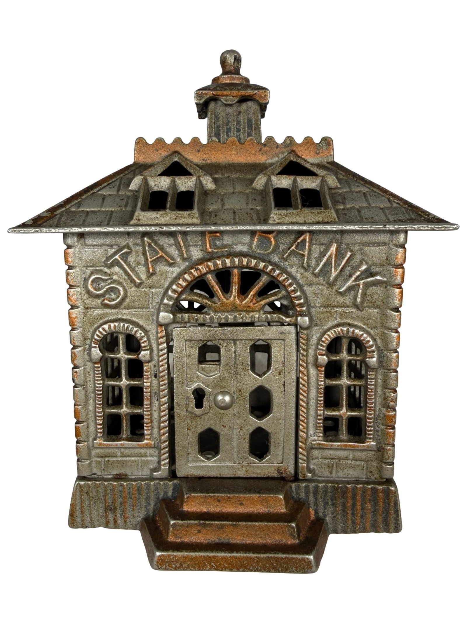 Nickel Plated State Bank - Rare Size with Key-Lock Door: Possibly Kenton Hardware Company. Made in the Late 1890's - 5 7/8" Tall. The Tom Kellogg Collection. Illustrated P. 206 in the Peirce Book.