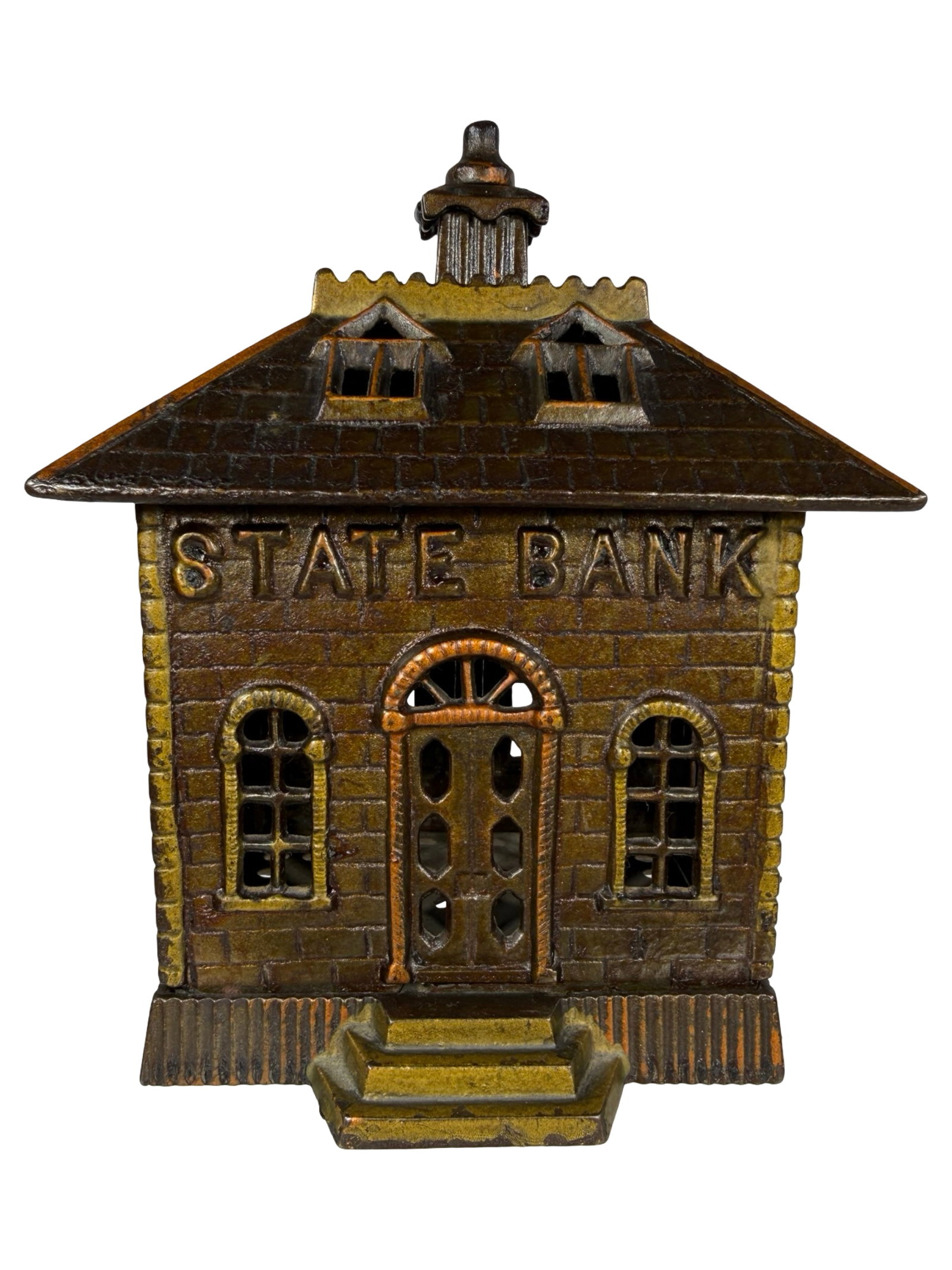 Very Rare Size State Bank: Attributed to Shimer Toy Company. Toledo, Ohio - Late 1890's - 6 7/8" Tall. The Tom Kellogg Collection. Illustrated P. 204 in the Peirce Book.