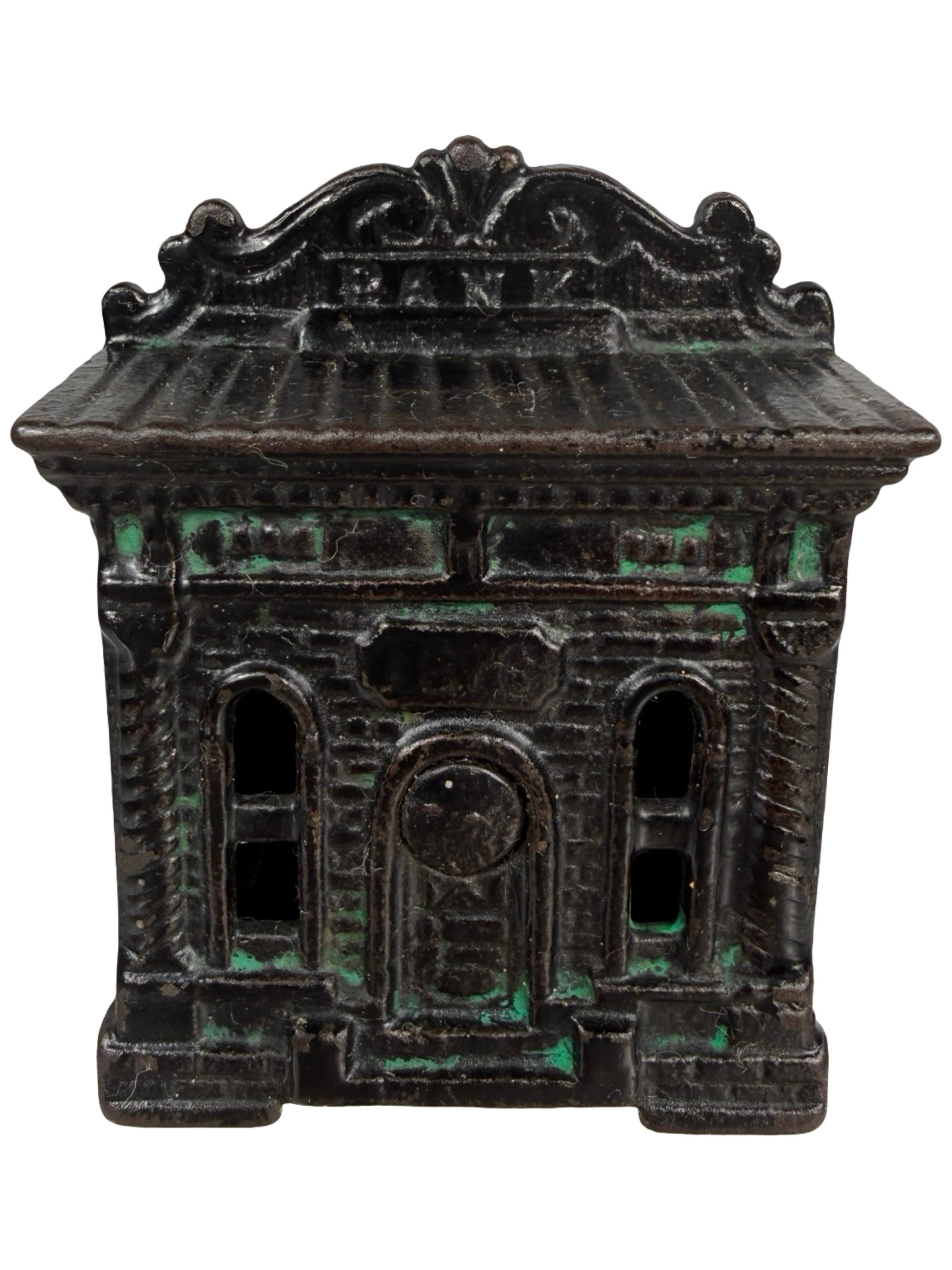 Small 1876 Bank Building - Scarce Ebony Black Japanning: Made by the H. L. Judd Company. Wallingford, Ct. - 1895 - 2 7/8" Tall. The Tom Kellogg Collection.
