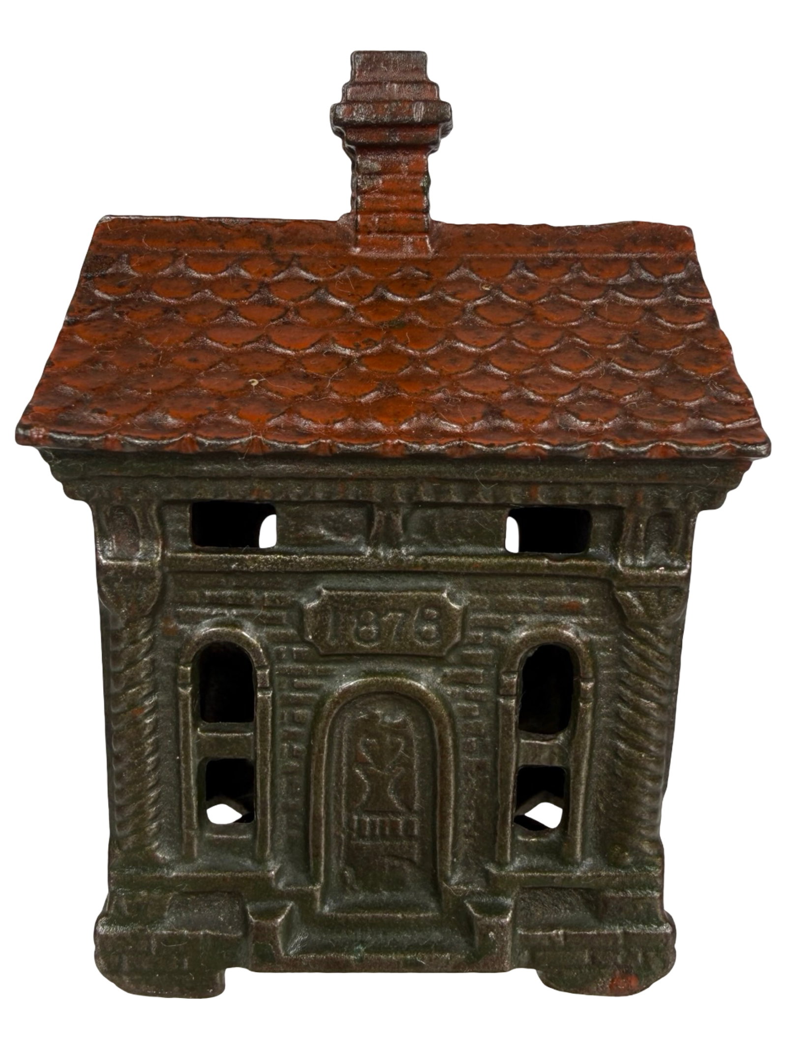 Scarce 1878 Bank Building - Deluxe Red Painted Roof: Made by the H. L. Judd Company. Wallingford, Ct. - 1895 - 3 3/8" Tall. The Tom Kellogg Collection.
