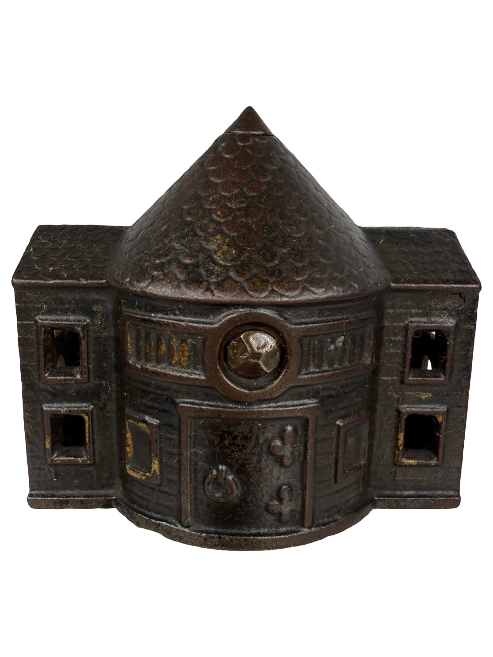 Rare Cone Top Building Bank: Unknown American Manufacturer. Produced Circa 1895 - 2 3/4" Tall. The Tom Kellogg Collection.