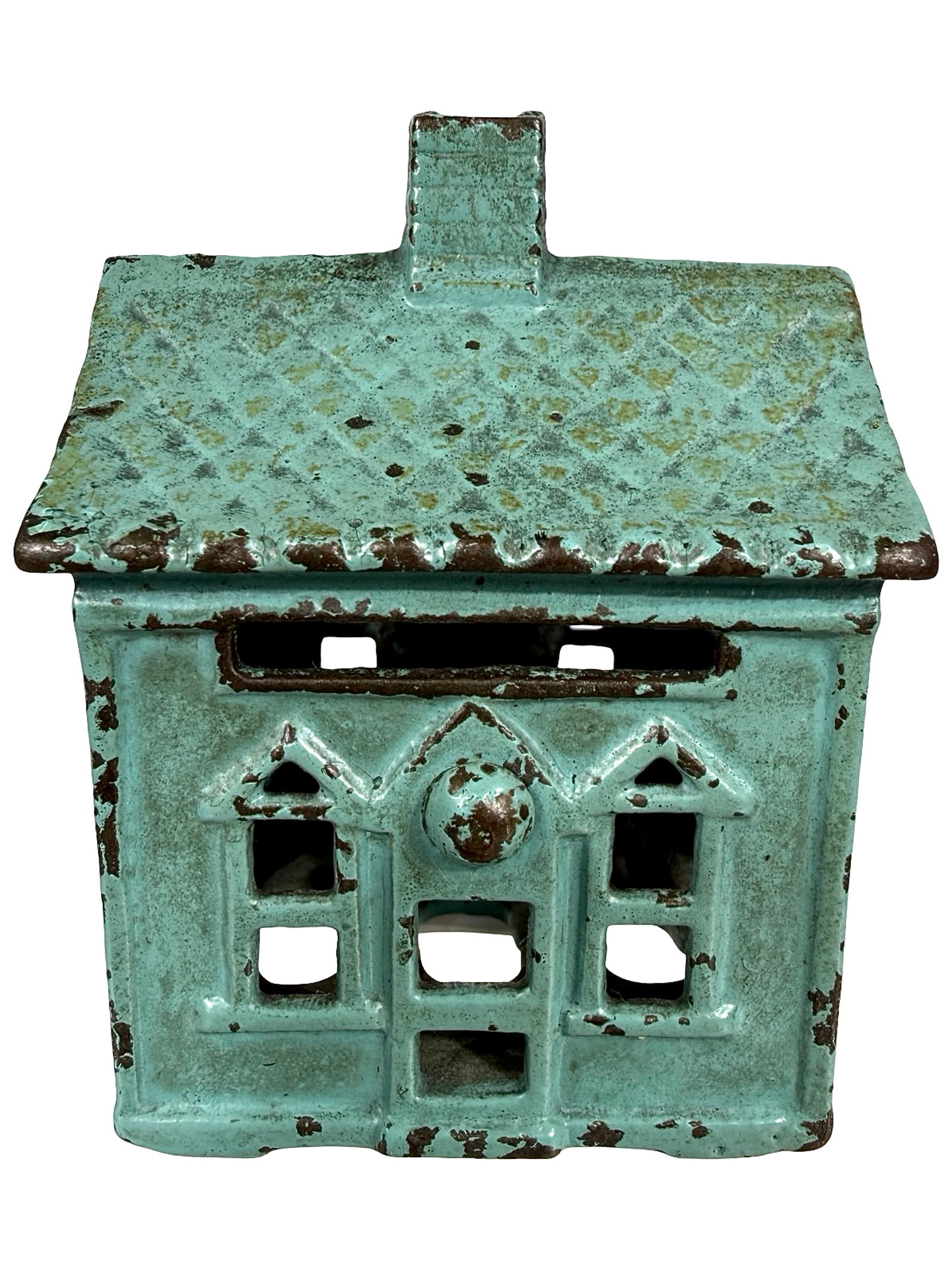 Aqua Blue One Story House - Iron Bank: By the Kenton Hardware Company. Kenton, Ohio - 1927 - 2 7/8" Tall. The Tom Kellogg Collection. Illustrated P. 48 in Peirce Book.