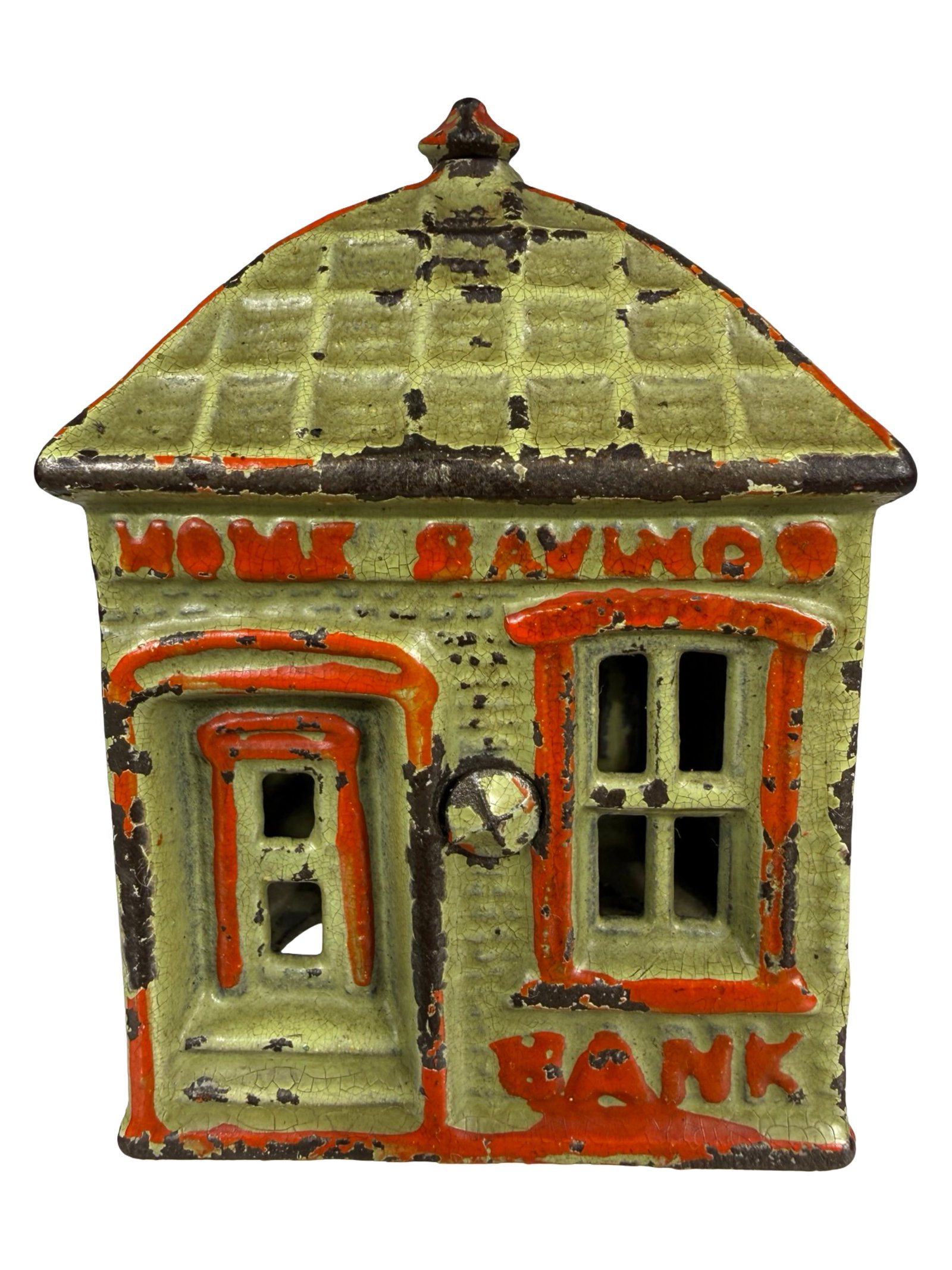 Small Home Savings Bank - Finished Light Green and Red: By the J. & E. Stevens Company. Cromwell, Ct. - Circa 1891 - 3" Tall. The Tom Kellogg Collection. Illustrated P. 63 in Peirce Book.