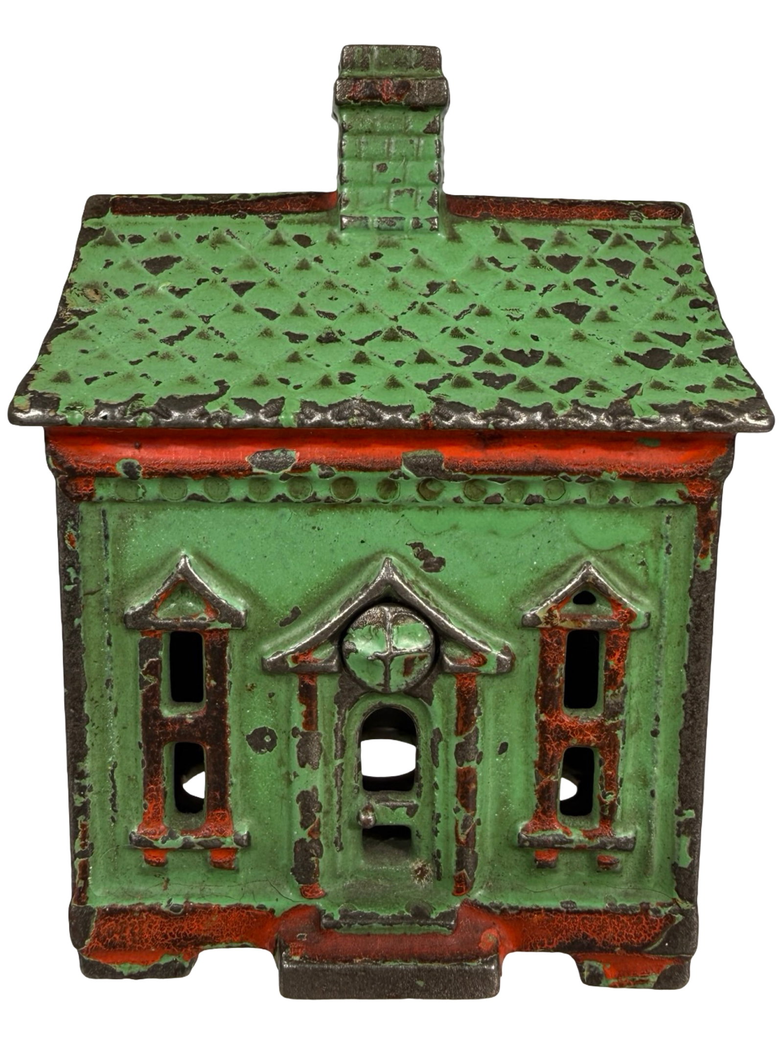 Taller One Story House - Iron Bank: Finished Light Green & Red. By the J. & E. Stevens Company. Cromwell, Ct. - 1895 - 3 1/4" Tall. The Tom Kellogg Collection.