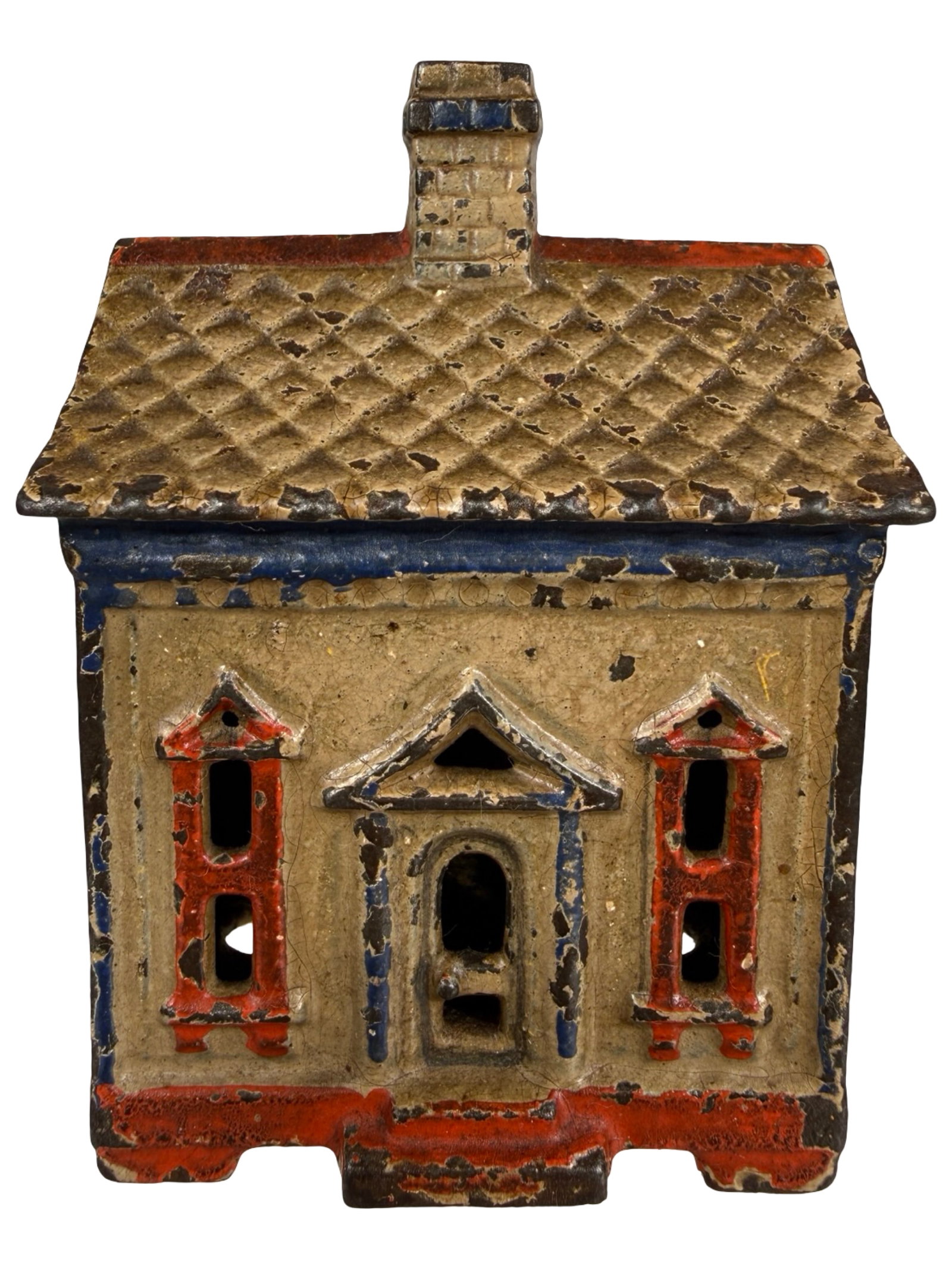 Taller One Story House - Iron Bank: Finished Ivory, Red & Blue. By the J. & E. Stevens Company. Cromwell, Ct. - 1895 - 3 1/4" Tall. The Tom Kellogg Collection.
