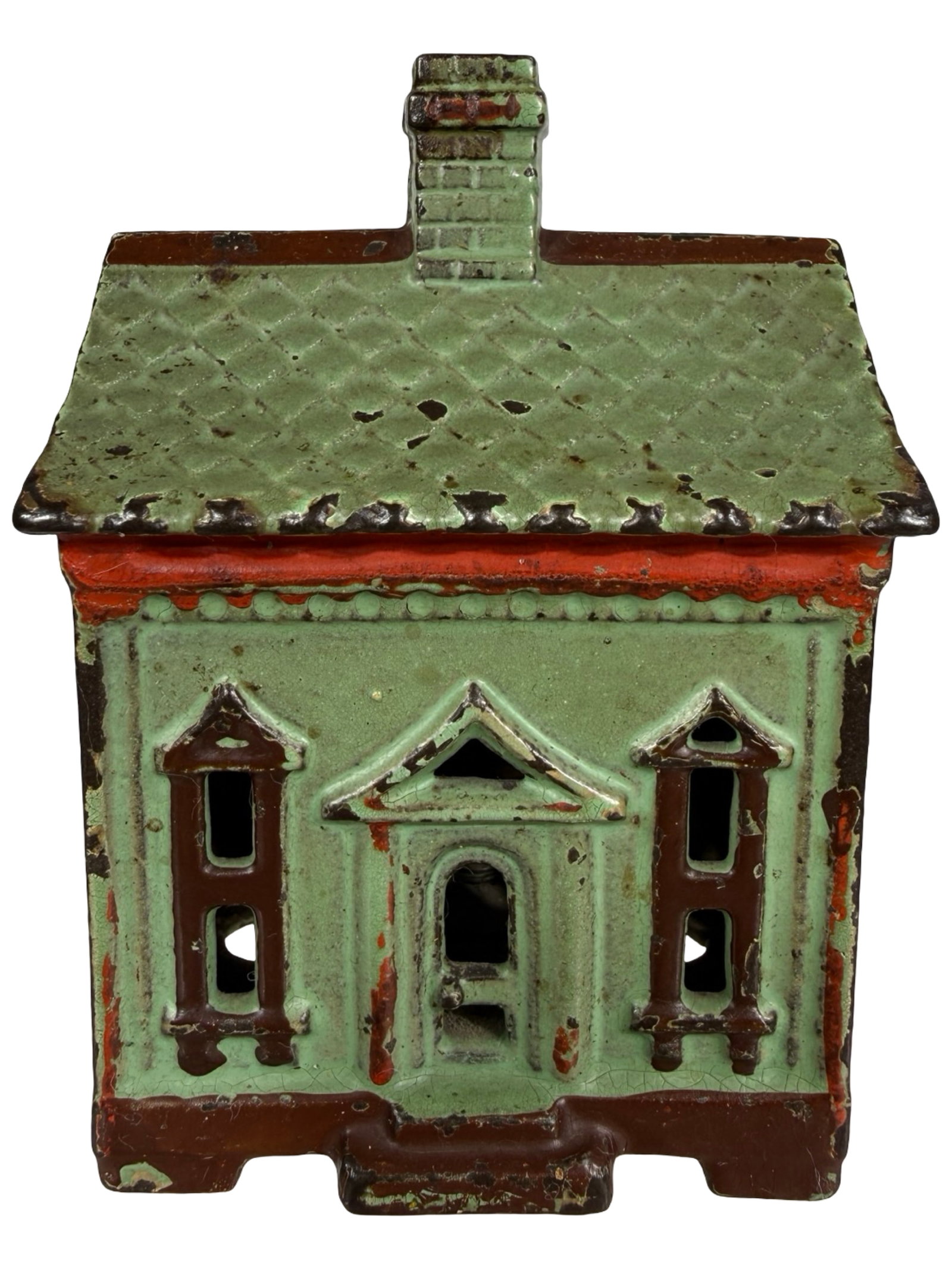 Taller One Story House - Iron Bank: Finished Green, Red & Brown. By the J. & E. Stevens Company. Cromwell, Ct. - 1895 - 3 1/4" Tall. The Tom Kellogg Collection. Illustrated P. 48 in Peirce Book.