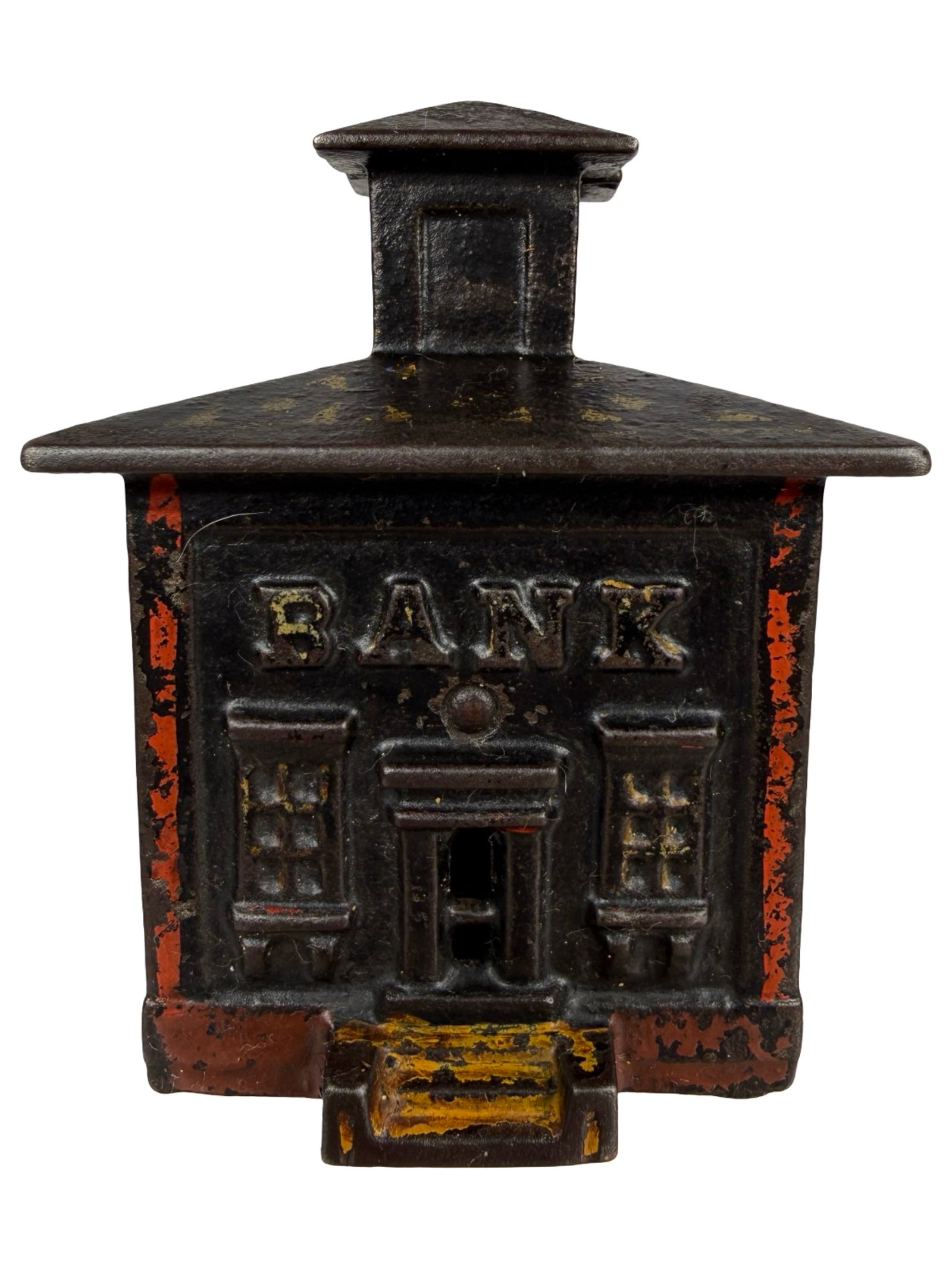 Small Black Cupola Bank with Fancy Stenciled Roof: Attributed to J. & E. Stevens Company. Cromwell, Ct. - Ca. 1880's - 3 1/4" Tall. The Tom Kellogg Collection.