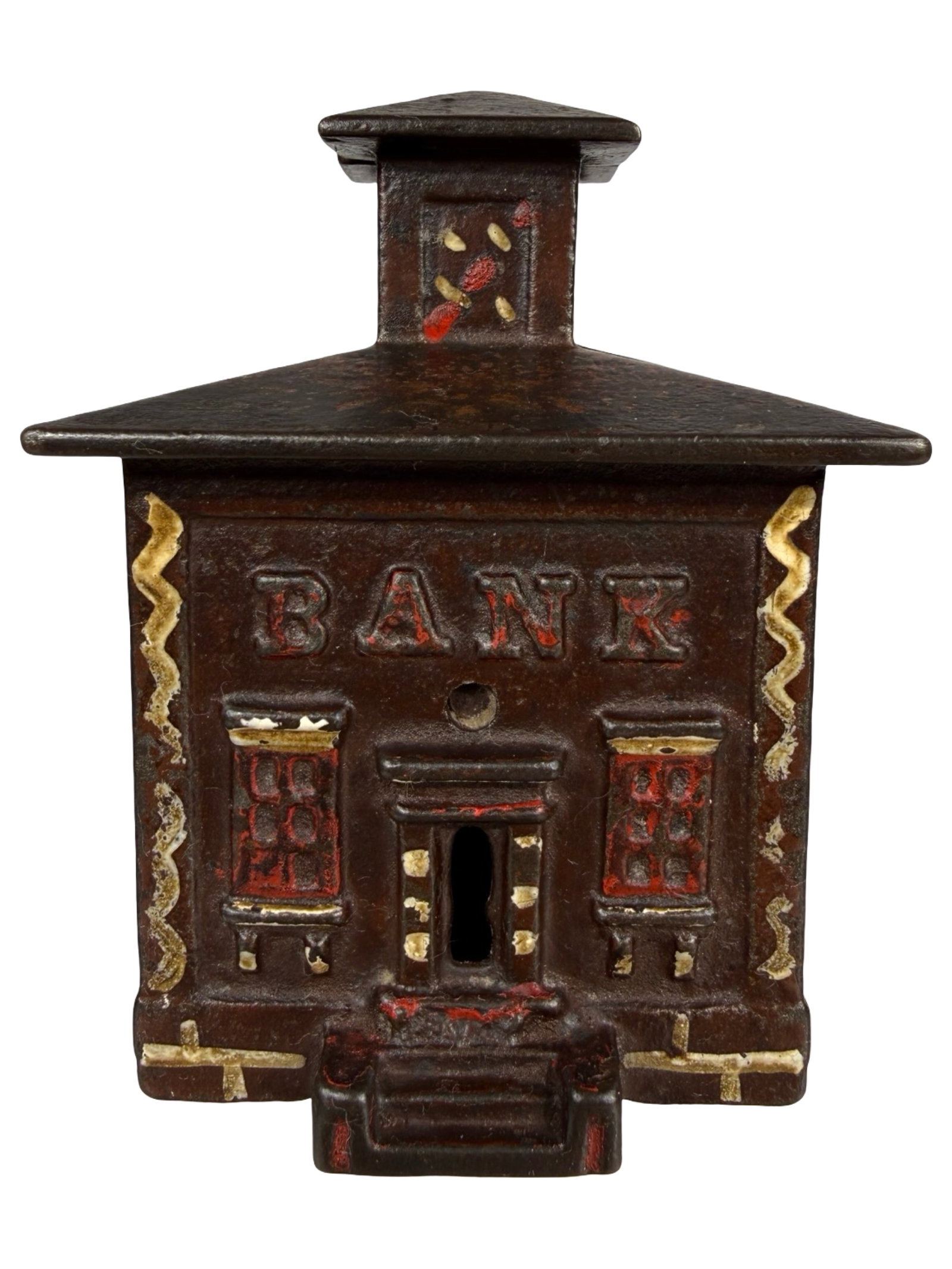 Small Brown Cupola Bank with Stenciling & Great Highlights: Attributed to J. & E. Stevens Company. Cromwell, Ct. - Ca. 1880's - 3 1/4" Tall. The Tom Kellogg Collection.