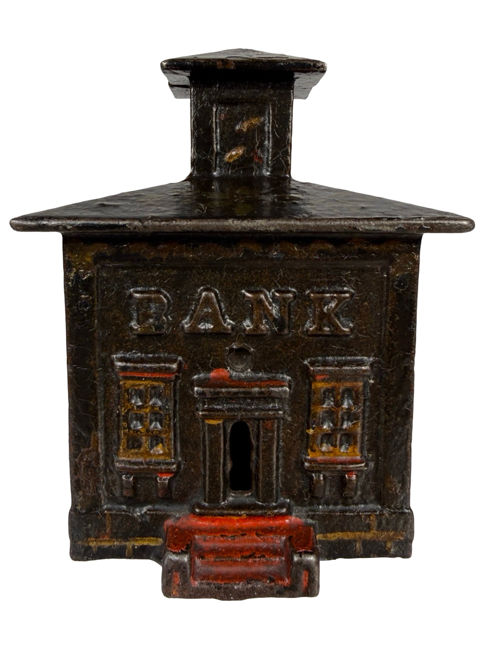 Small Black Cupola Bank with Fancy Stenciled Roof: Attributed to J. & E. Stevens Company. Cromwell, Ct. - Ca. 1880's - 3 1/4" Tall. The Tom Kellogg Collection.