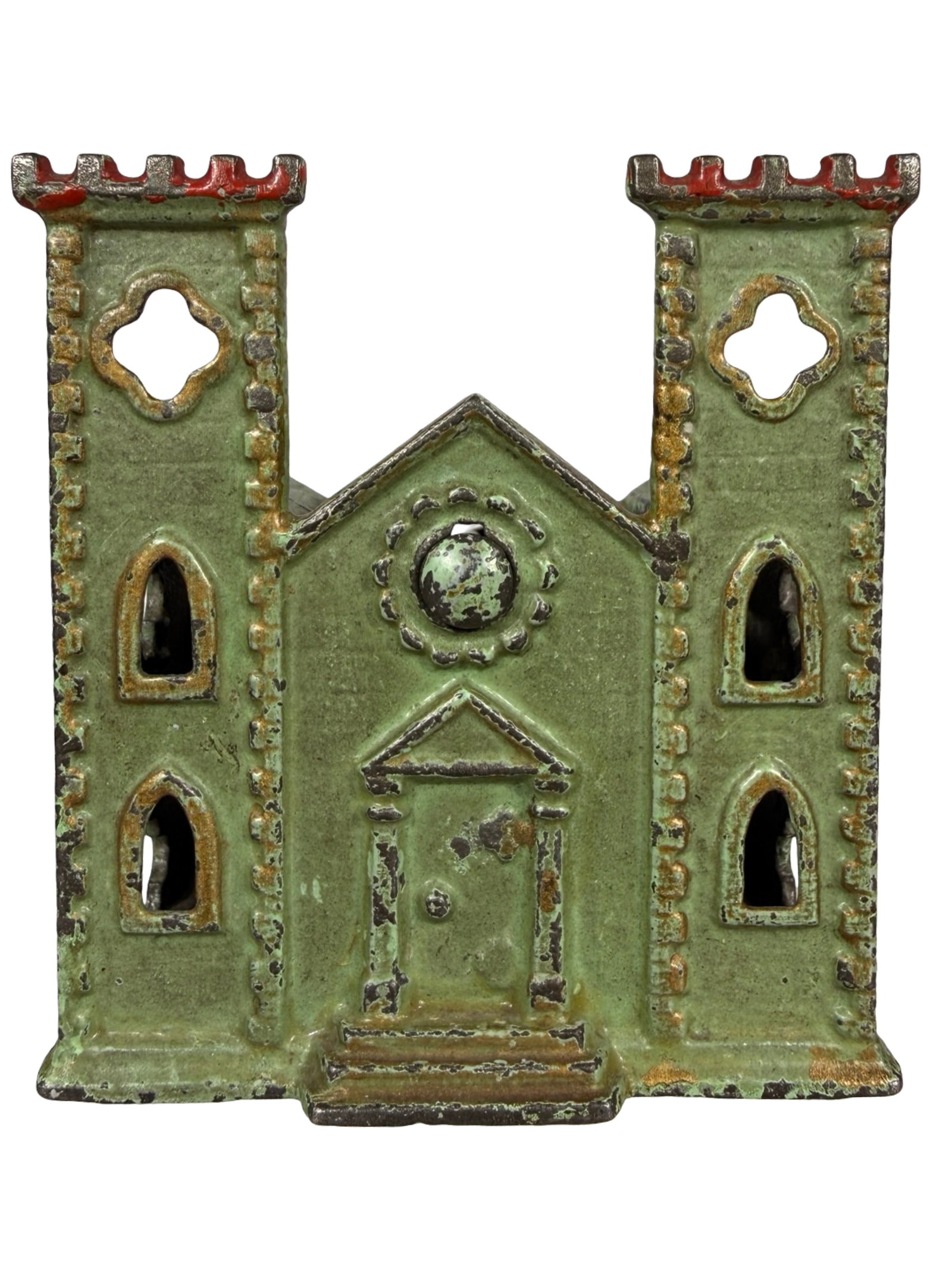 Pale Green Castle Bank: By the Kyser & Rex Company. Frankford, Pa. - 1880's - 3" Tall. The Tom Kellogg Collection.