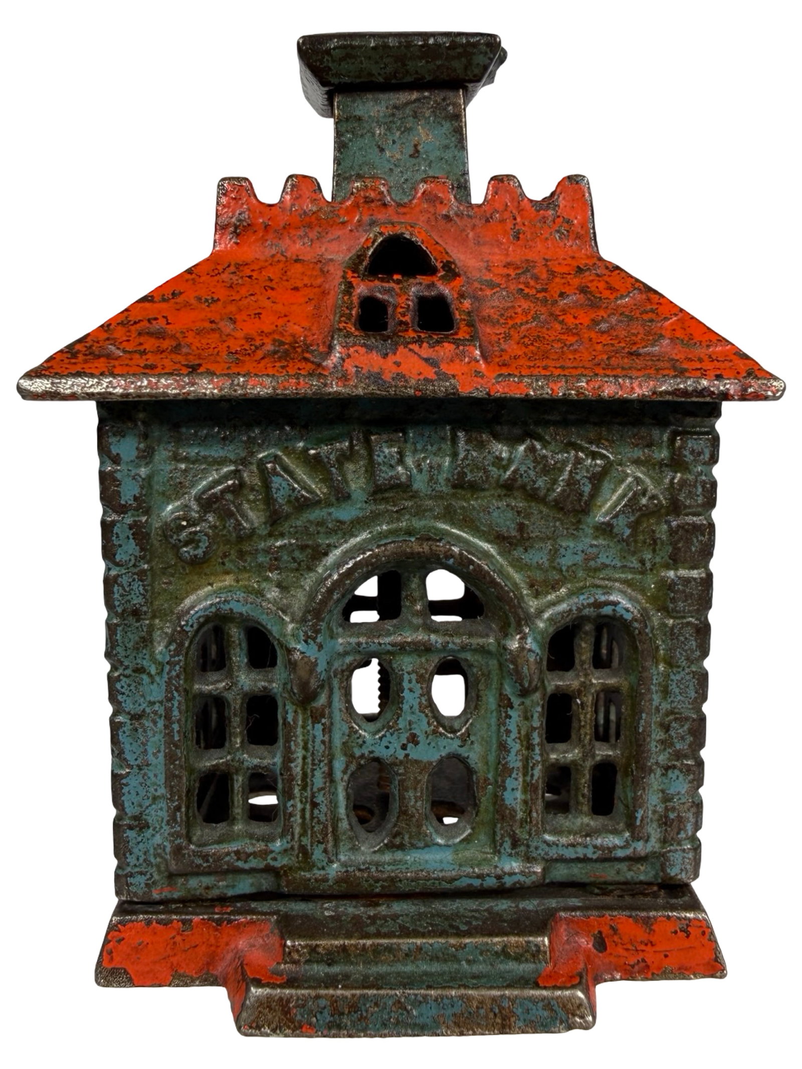 Small Flat Top State Bank: Finished Red, Blue & Gold. Attributed to Kyser & Rex Company. Frankford, Pa. - 1880's - 3 1/2" Tall. The Tom Kellogg Collection.