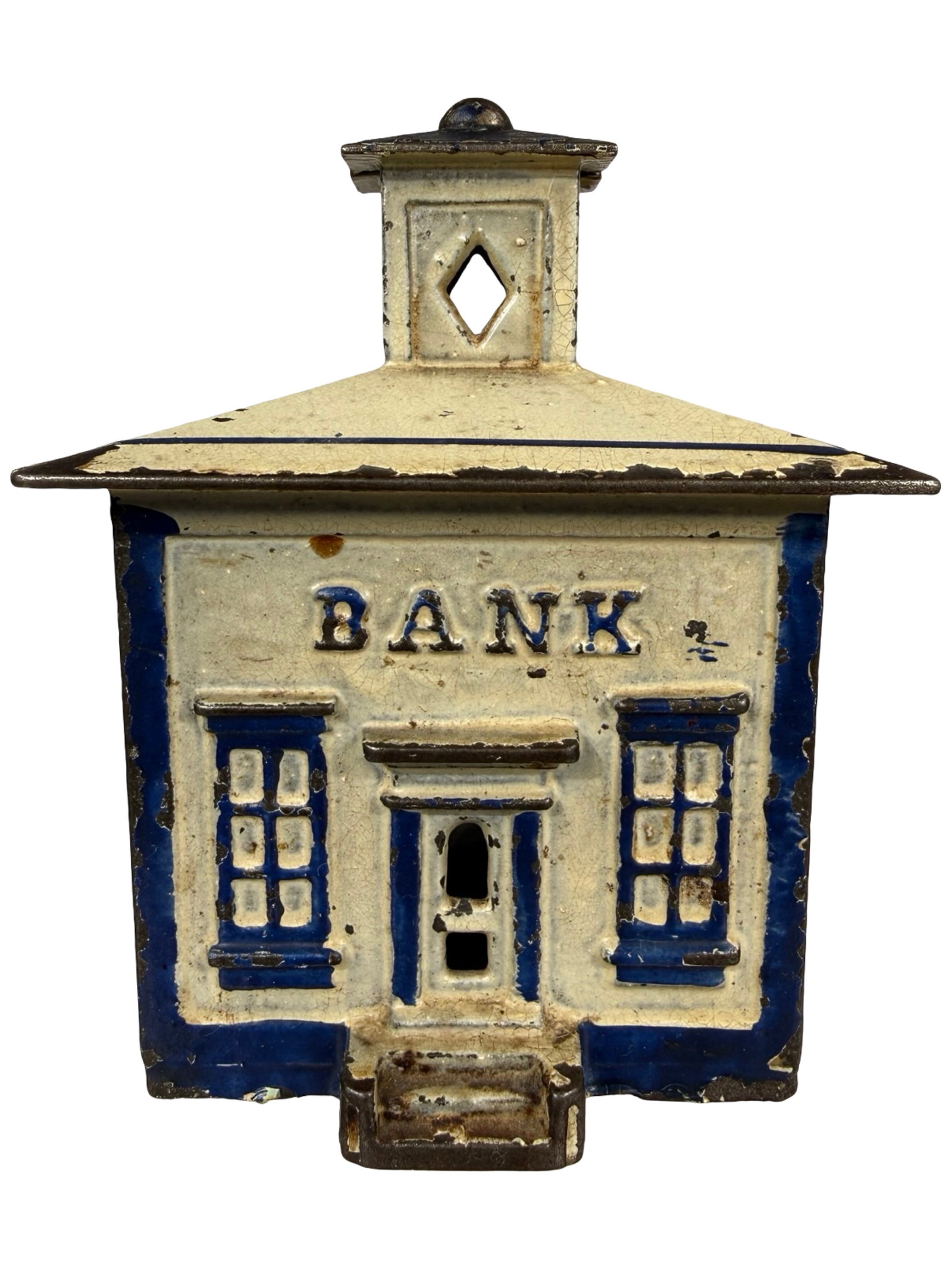 Medium Cupola Bank - Finished in White & Blue: By the J. & E. Stevens Company. Cromwell, Ct. - 1890 - 4 1/8" Tall. The Tom Kellogg Collection.