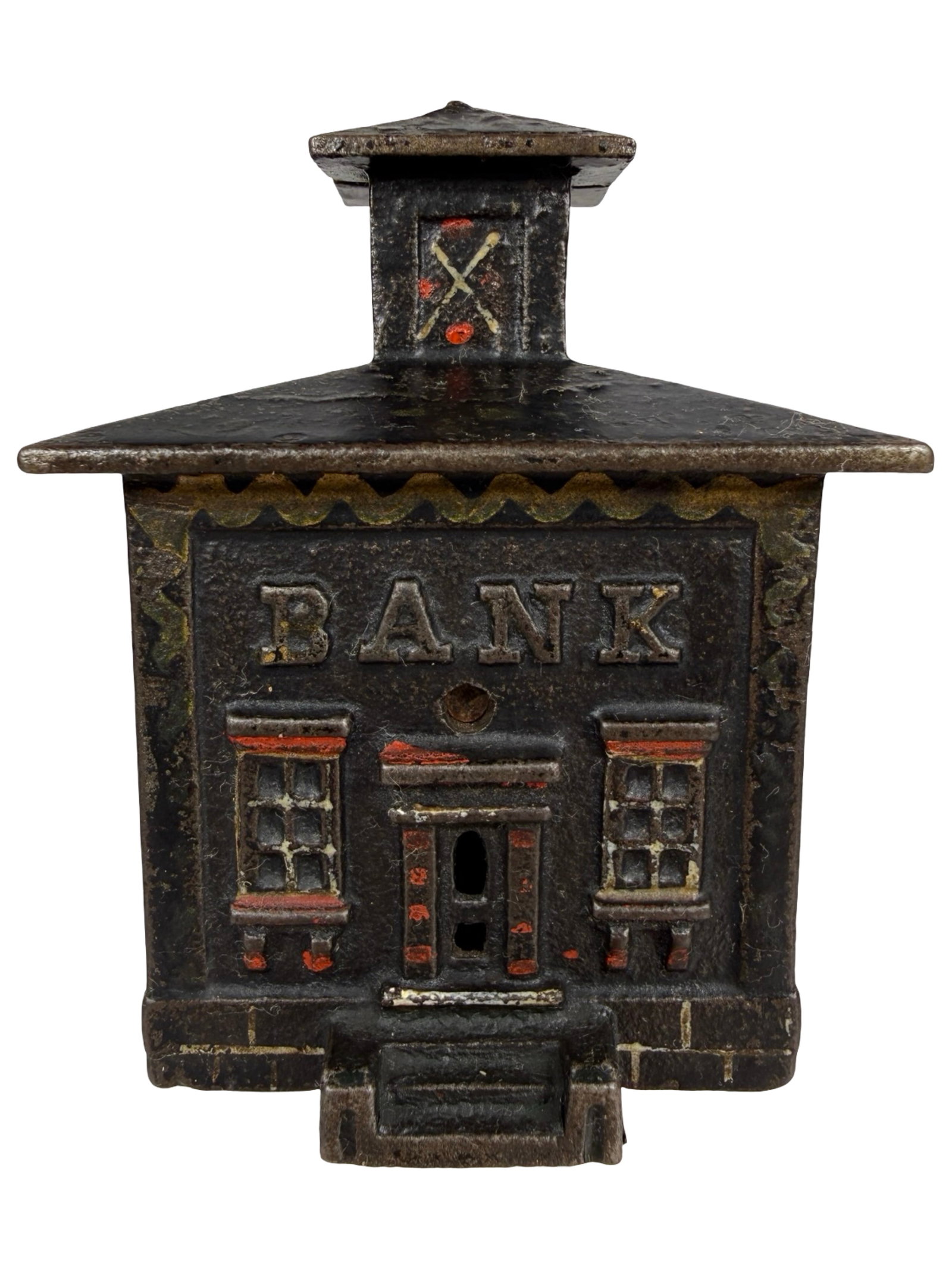 Small Black Cupola Bank with Fancy Stenciled Roof: Attributed to J. & E. Stevens Company. Cromwell, Ct. - Ca. 1880's - 3 1/4" Tall. The Tom Kellogg Collection.