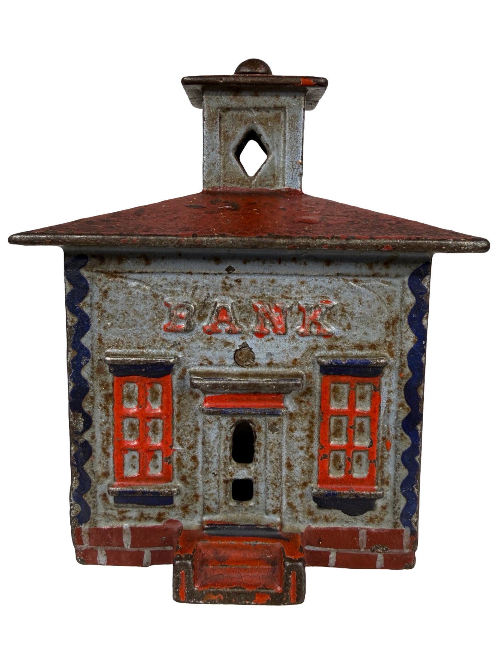 Medium Cupola Bank - Finished with Patriotic Colors: By the J. & E. Stevens Company. Cromwell, Ct. - 1880 - 4 1/8" Tall. The Tom Kellogg Collection.