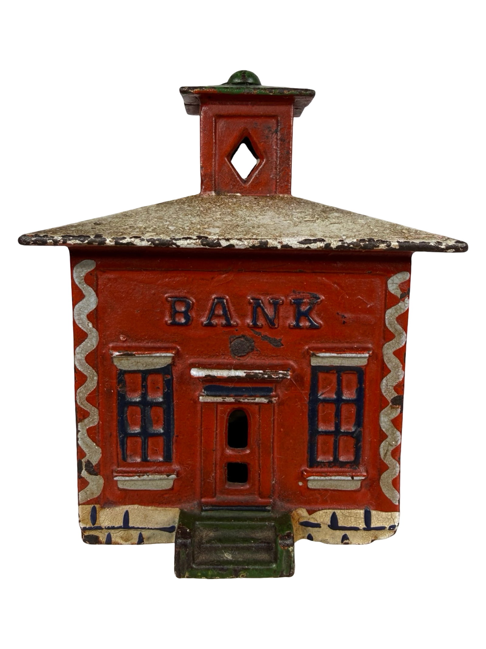 Medium Cupola Bank - Finished Red, White & Green: By the J. & E. Stevens Company. Cromwell, Ct. - 1880 - 4 1/8" Tall. The Tom Kellogg Collection.