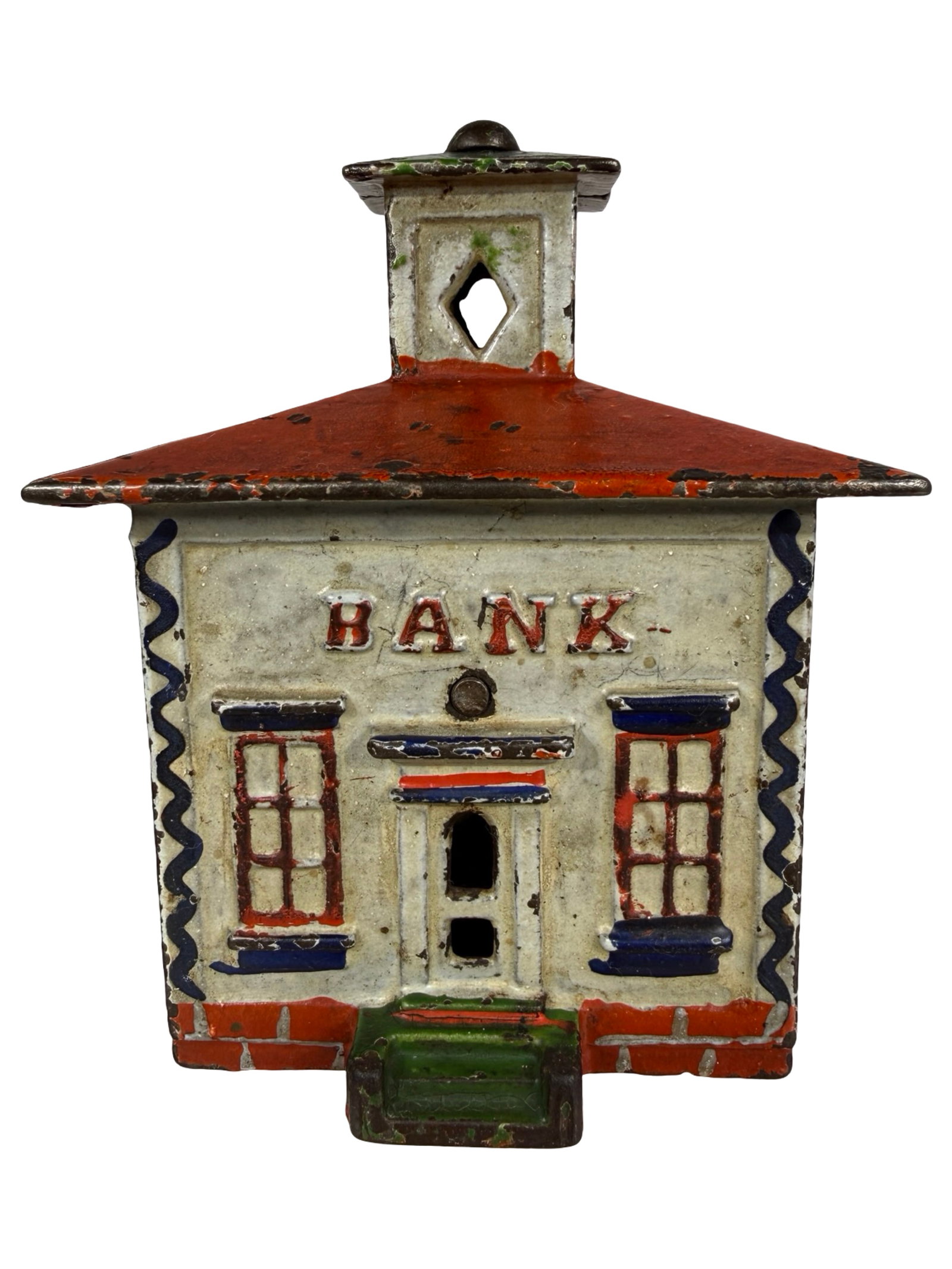 Medium Cupola Bank - Finished with Patriotic Colors: By the J. & E. Stevens Company. Cromwell, Ct. - 1880 - 4 1/8" Tall. The Tom Kellogg Collection.