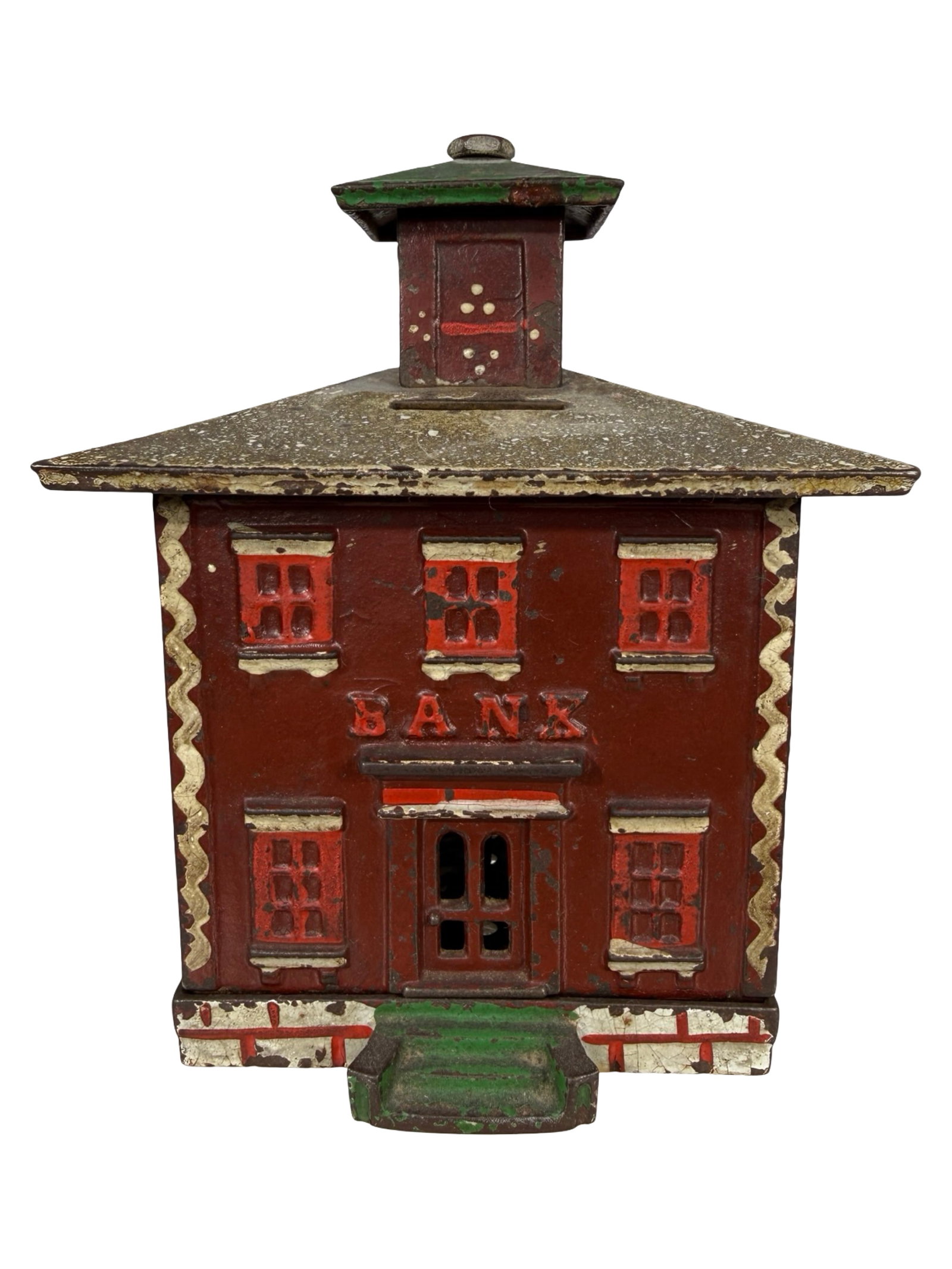 Large Cupola Bank: Burgundy, White, Green & Red. By the J. & E. Stevens Company. Cromwell, Ct. - 1890 - 5 1/2" Tall. The Tom Kellogg Collection.