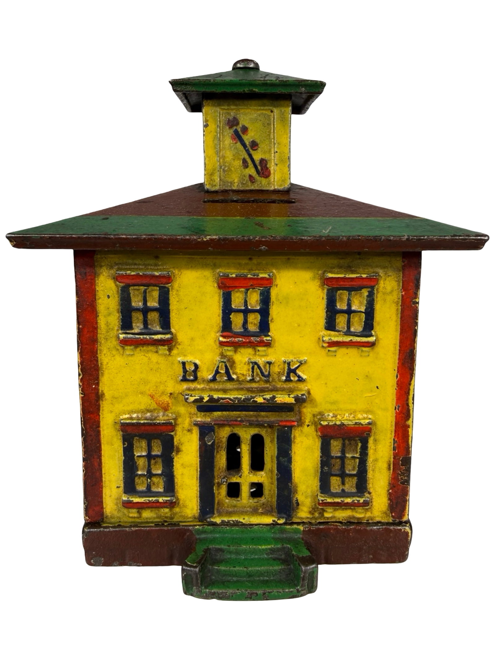 Large Cupola Bank: Yellow, Brown, Green & Red. By the J. & E. Stevens Company. Cromwell, Ct. - 1880's - 5 1/2" Tall. The Tom Kellogg Collection.