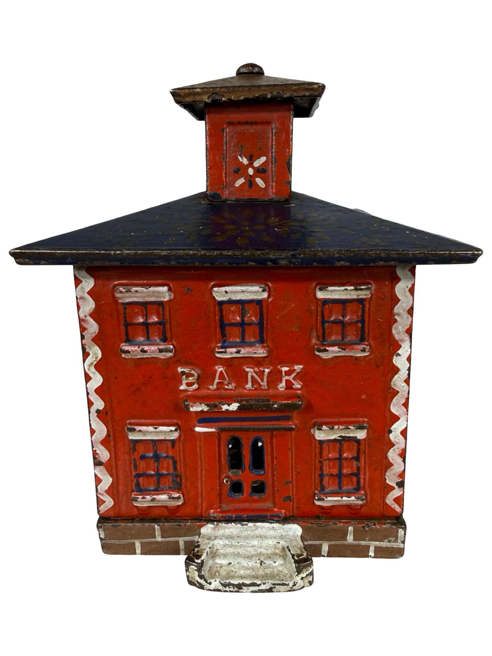 Large Cupola Bank: Red, Blue, Tan & White. By the J. & E. Stevens Company. Cromwell, Ct. - 1890 - 5 1/2" Tall. The Tom Kellogg Collection.