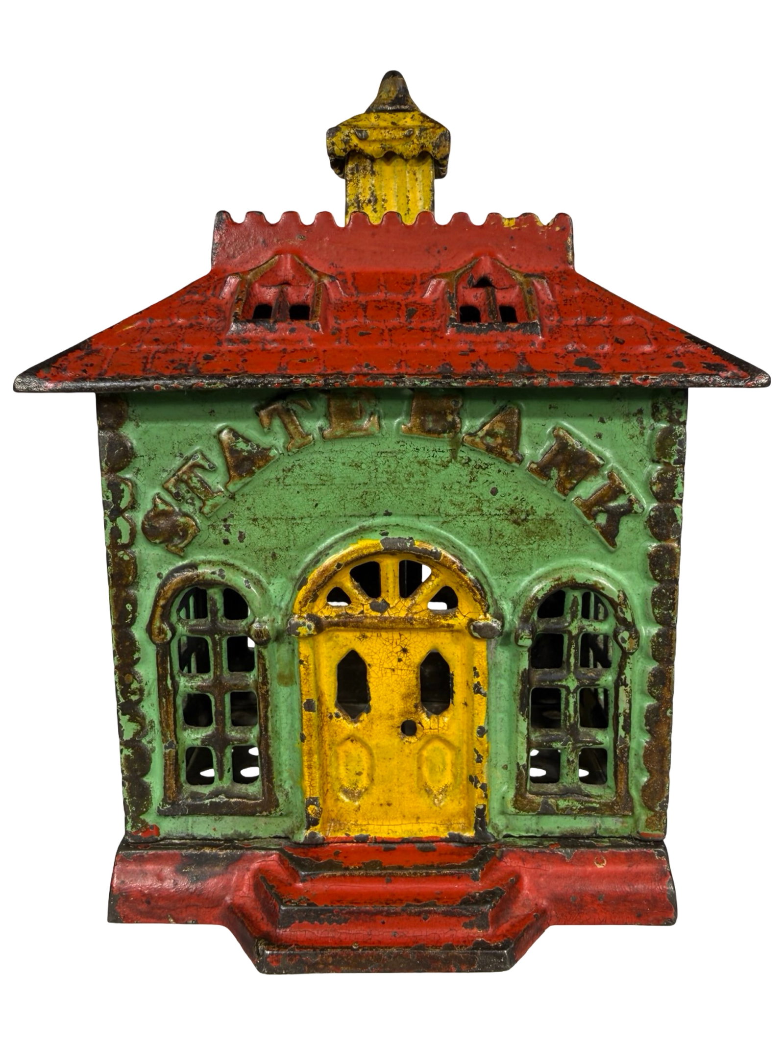 Painted State Bank with Arched Letters & Solid Door: Finished Green, Red and Yellow. Attributed to Kyser & Rex Company. Frankford, Pa. - 1880's - 5 1/2" Tall. The Tom Kellogg Collection.