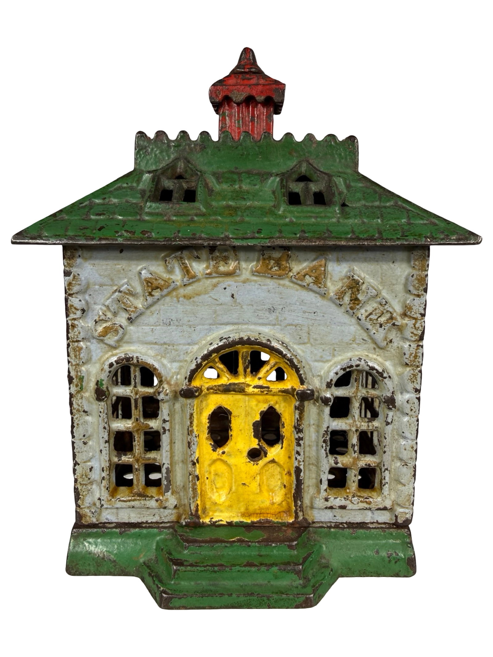 Painted State Bank with Arched Letters & Solid Door: Lite Blue, Green, Red & Yellow. Attributed to Kyser & Rex Company. Frankford, Pa. - 1880's - 5 1/2" Tall. The Clayton Luther Collection.