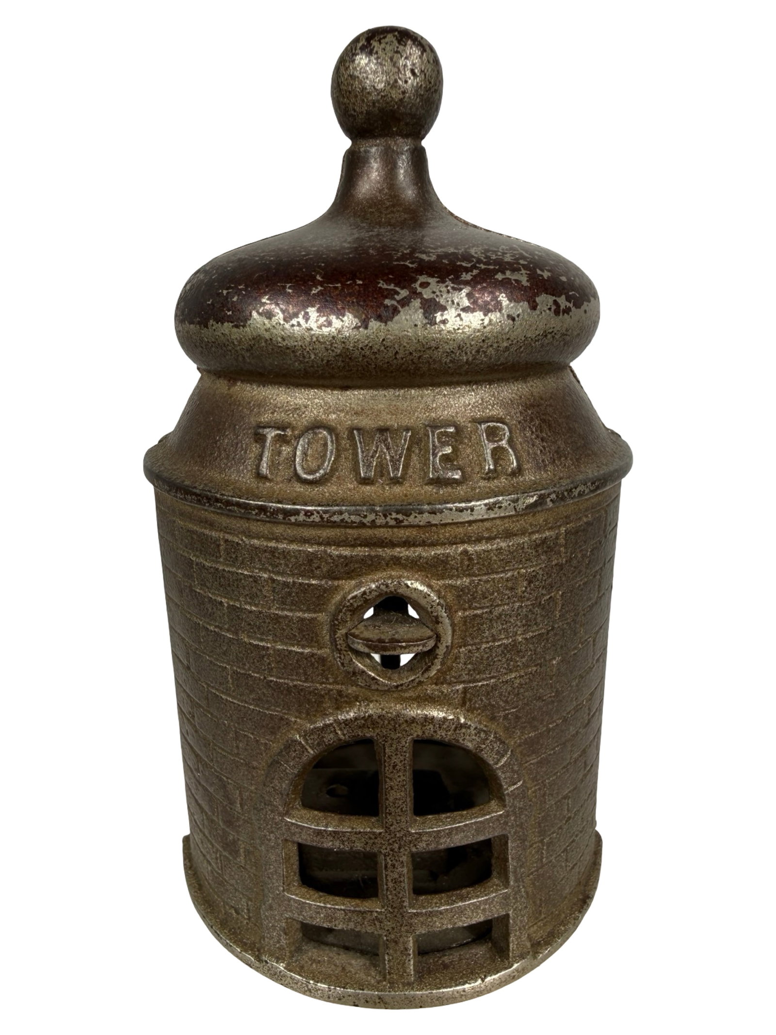 Nickel Plated Tower Bank (KLT): Made by Kenton Hardware Company. Kenton, Ohio - 1910's - 4 1/8" Tall. The Tom Kellogg Collection. Illustrated P. 84 in the Peirce Book.