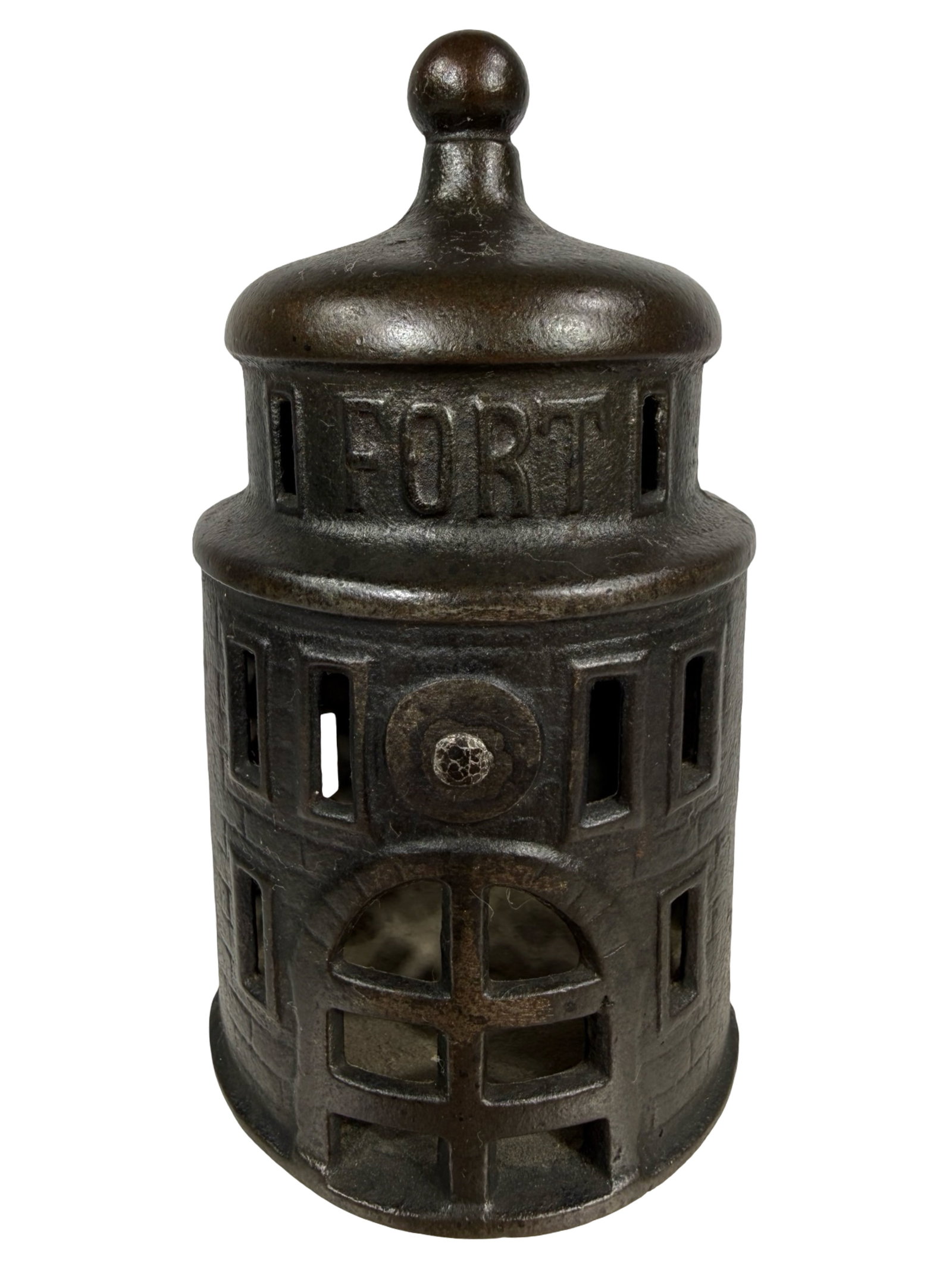 Dark Japanned Fort Bank: Made by Kenton Hardware Company. Kenton, Ohio - 1910's - 4 1/8" Tall. The Tom Kellogg Collection. Illustrated P. 84 in the Peirce Book.