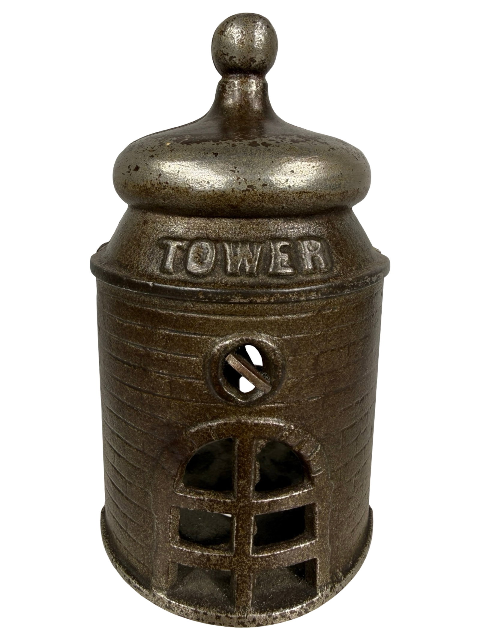 Nickel Tower Bank (Twist Pin): Made by Kenton Hardware Company. Kenton, Ohio - 1910's - 4 1/8" Tall. The Tom Kellogg Collection.