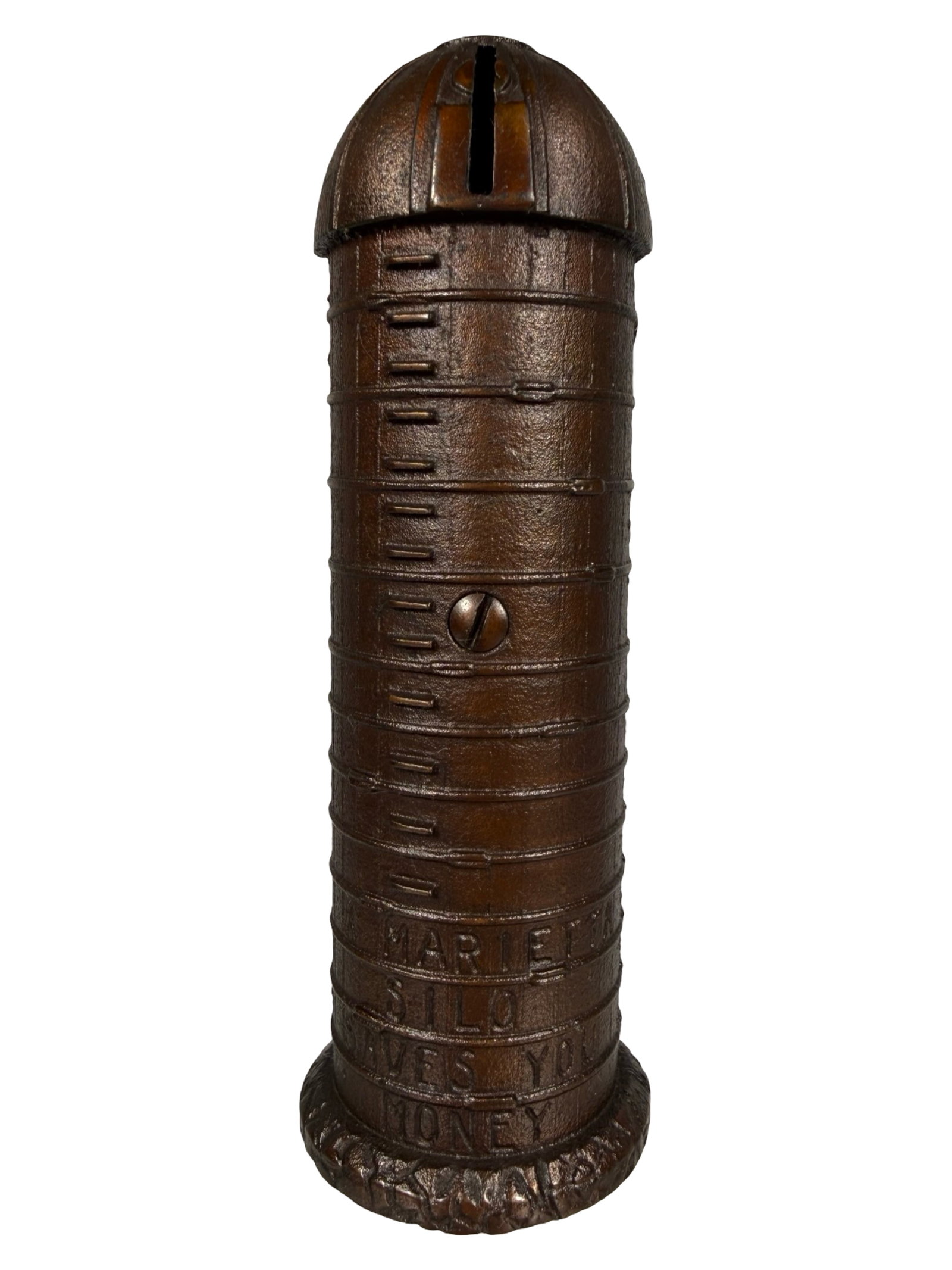 Electroplated Marietta Silo - Iron Bank: Unknown American Manufacturer. Produced Late 1930's - 5 1/2" Tall. The Tom Kellogg Collection. Illustrated P. 183 in the Peirce Book.