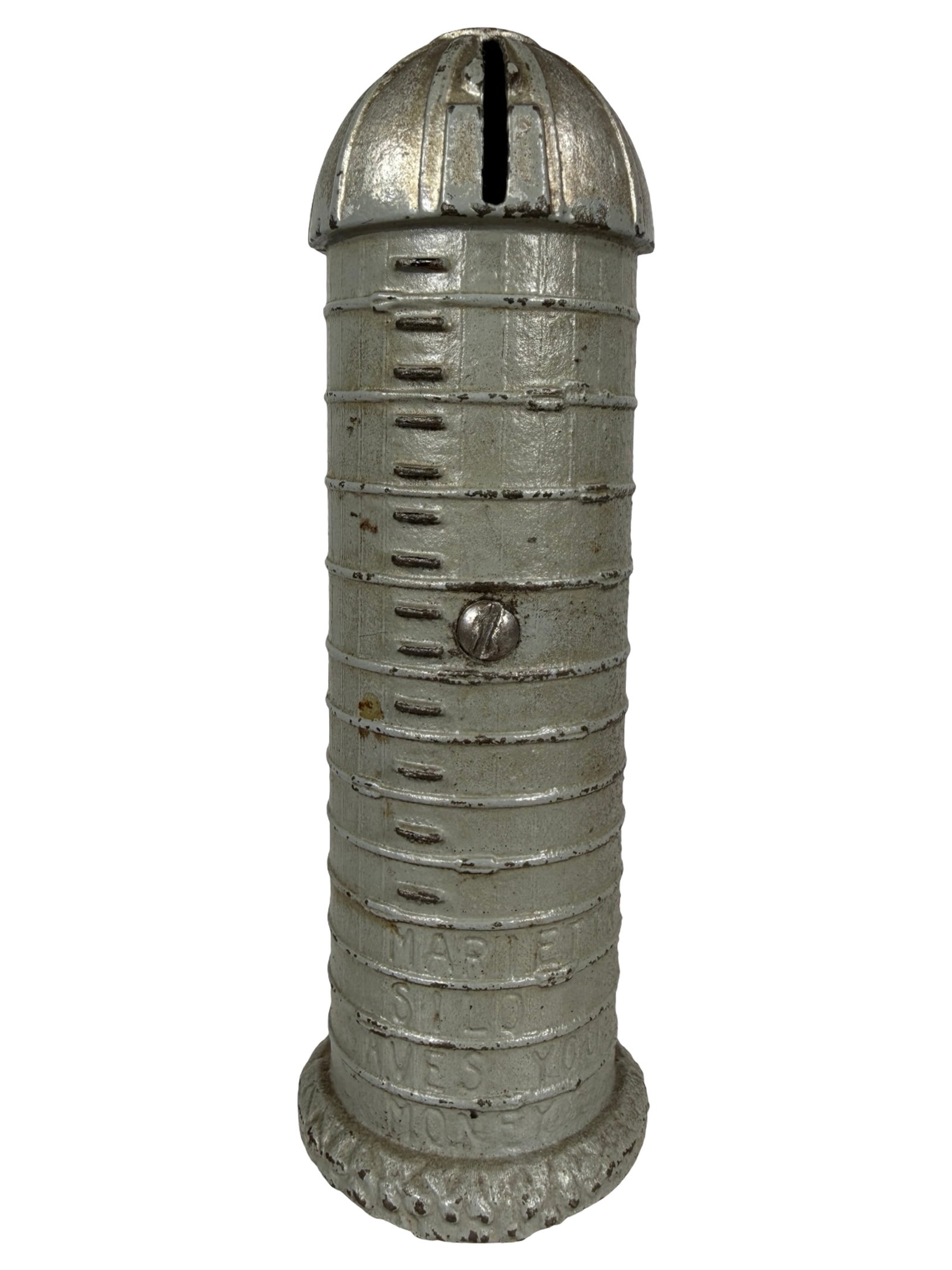 Gray & Silver Marietta Silo - Iron Bank: Unknown American Manufacturer. Produced Late 1930's - 5 1/2" Tall. The Tom Kellogg Collection.