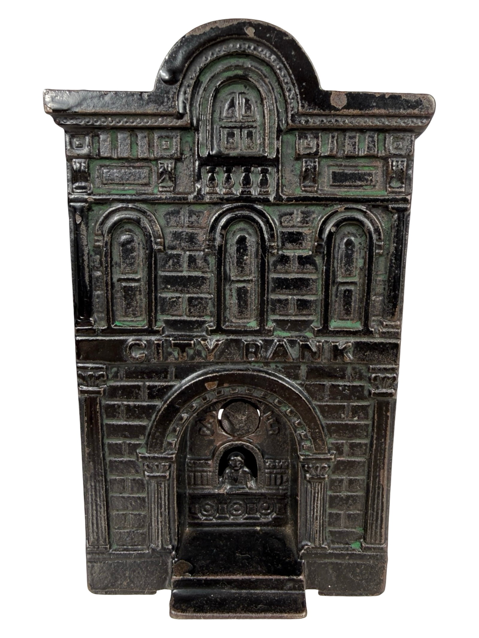 City Bank with Paying Teller - Ebony Black with Blue Wash: Made by the H. L. Judd Company. Wallingford, Ct. - 1895 - 5 1/4" Tall. The Tom Kellogg Collection.