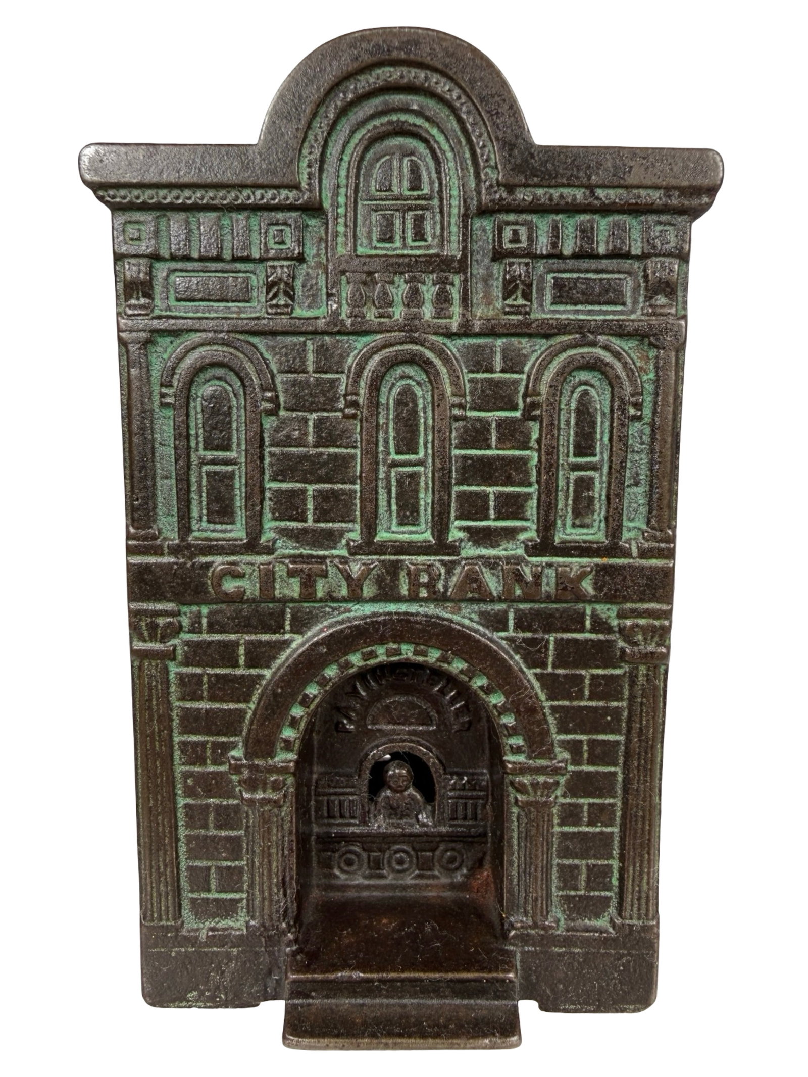 City Bank with Paying Teller - Dark Brown with Green Wash: Made by the H. L. Judd Company. Wallingford, Ct. - 1895 - 5 1/4" Tall. The Tom Kellogg Collection.
