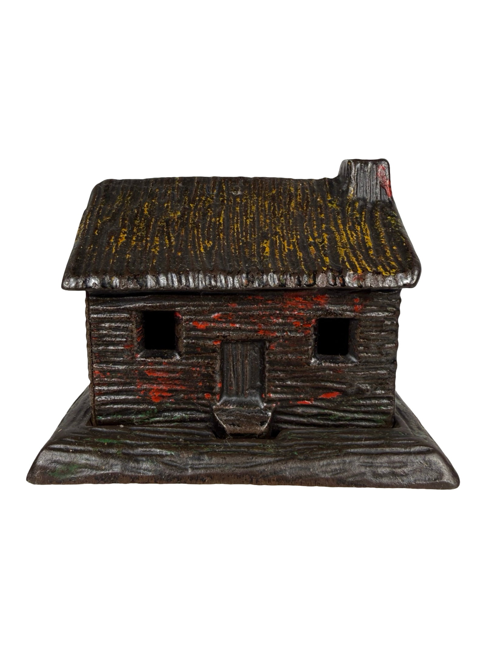 Log Cabin - Right Chimney - Iron Bank: Made by the Kyser & Rex Company. Frankford, Pa. - 1880's - 2 1/2" Tall. The Tom Kellogg Collection.