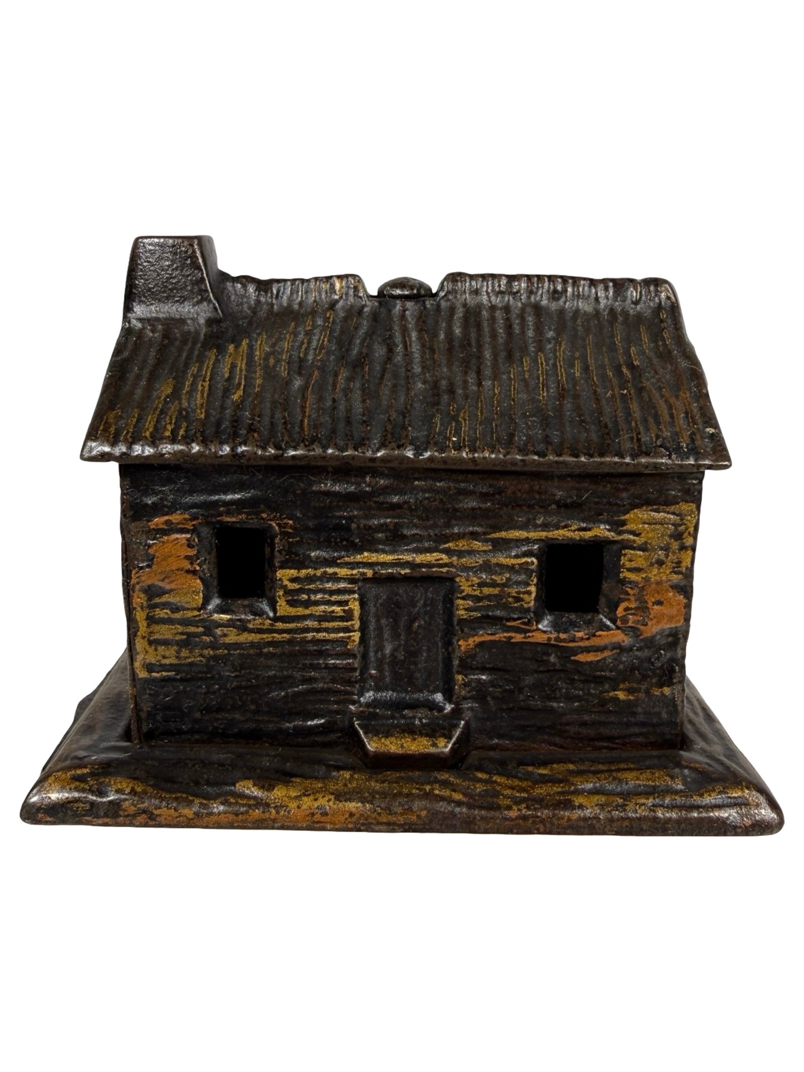 Log Cabin - Left Chimney - Iron Bank: Made by the Kyser & Rex Company. Frankford, Pa. - 1880's - 2 1/2" Tall. The Tom Kellogg Collection.