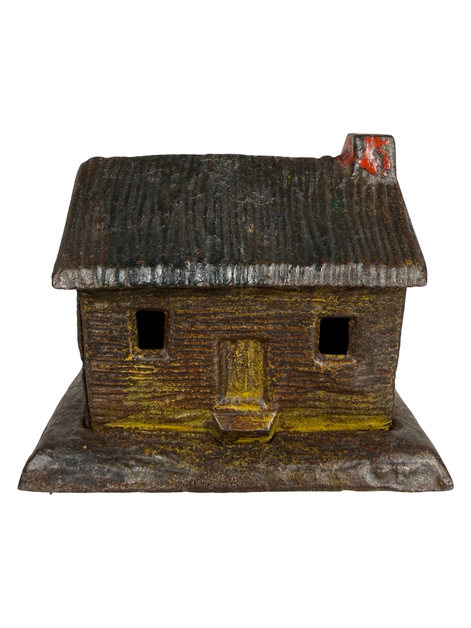 Painted Log Cabin - Right Chimney - Iron Bank: Made by the Kyser & Rex Company. Frankford, Pa. - 1880's - 2 1/2" Tall. The Tom Kellogg Collection.