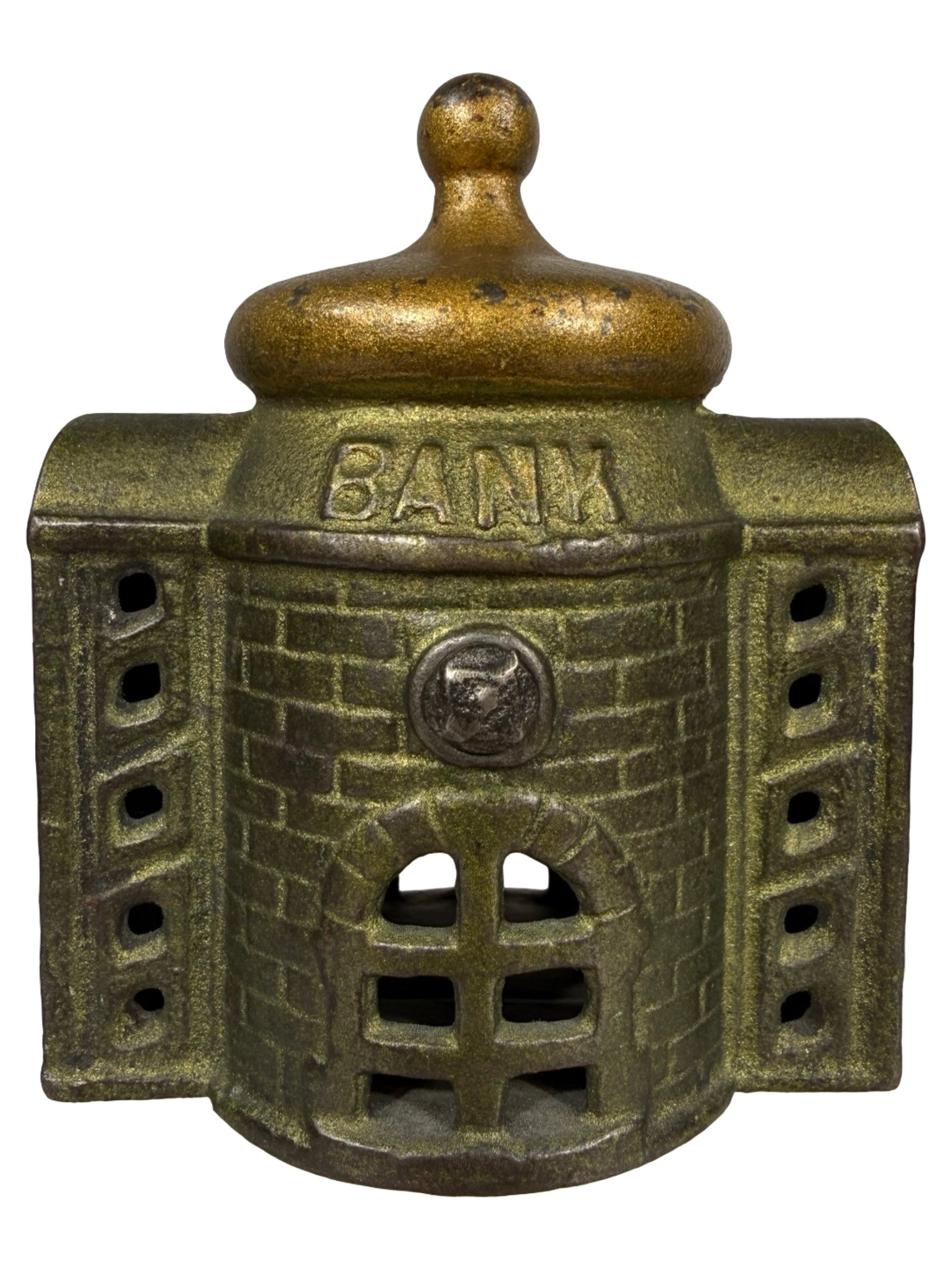 Presto Bank - Open Doors: Gold & Green Paint. By A. C. Williams Company. Ravenna, Oh. - 1920 - 3 1/4" Tall. The Tom Kellogg Collection.