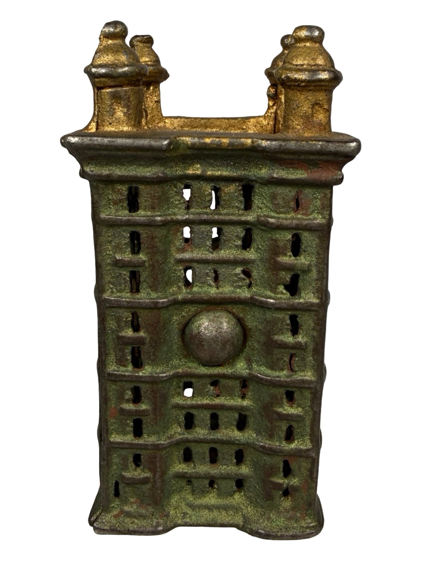 Skyscraper - Small - Iron Bank: By A. C. Williams Company. Ravenna, Oh. - 1915 - 3 1/2" Tall. The Tom Kellogg Collection.