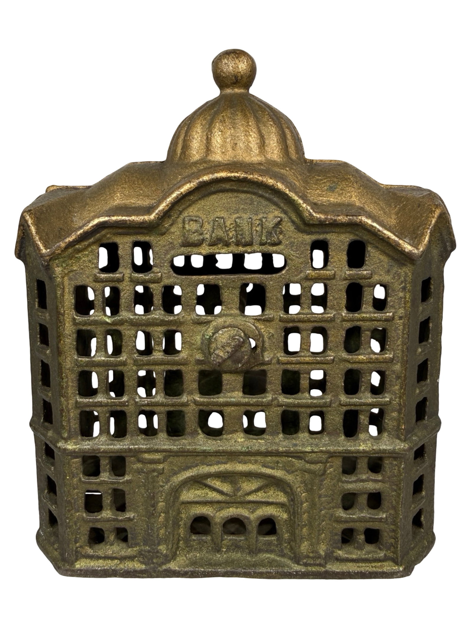 Domed Bank - Largest - Green & Gold Paint: By A. C. Williams Company. Ravenna, Oh. - 1915 - 4 1/2" Tall. The Tom Kellogg Collection.