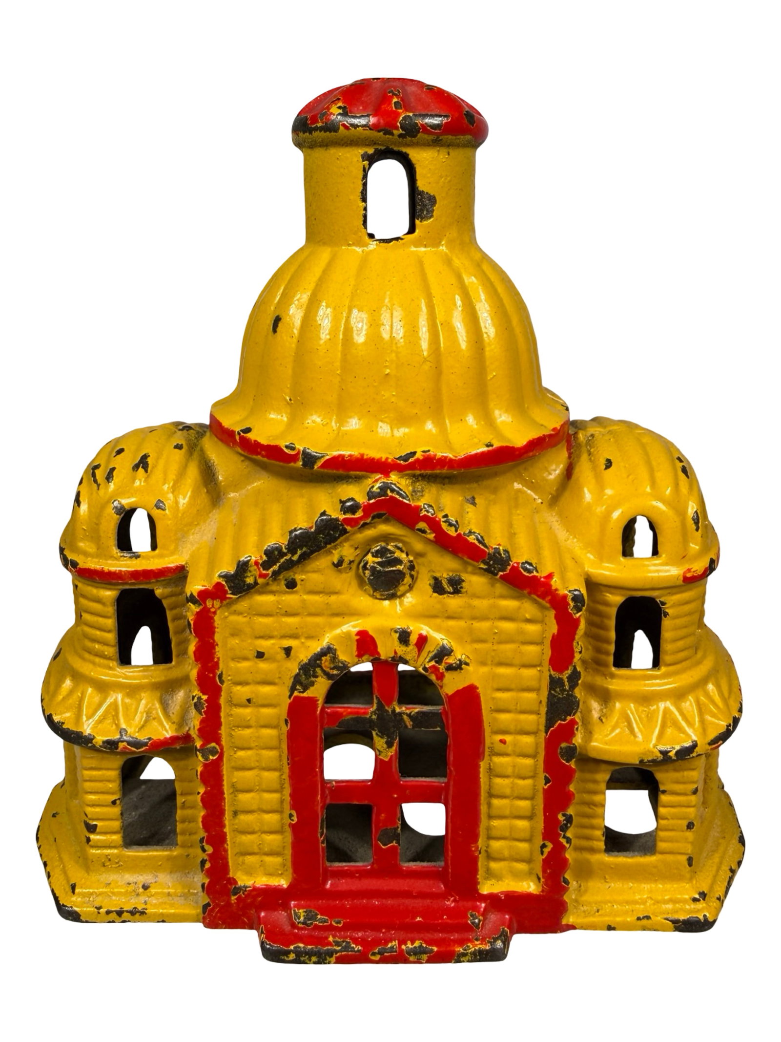 Medium Yellow Domed Mosque - Iron Bank: By the Grey Iron Casting Company. Mount Joy, Pa. - 1910's - 4 1/4" Tall. The Tom Kellogg Collection. Illustrated P. 32 in the Peirce Book.