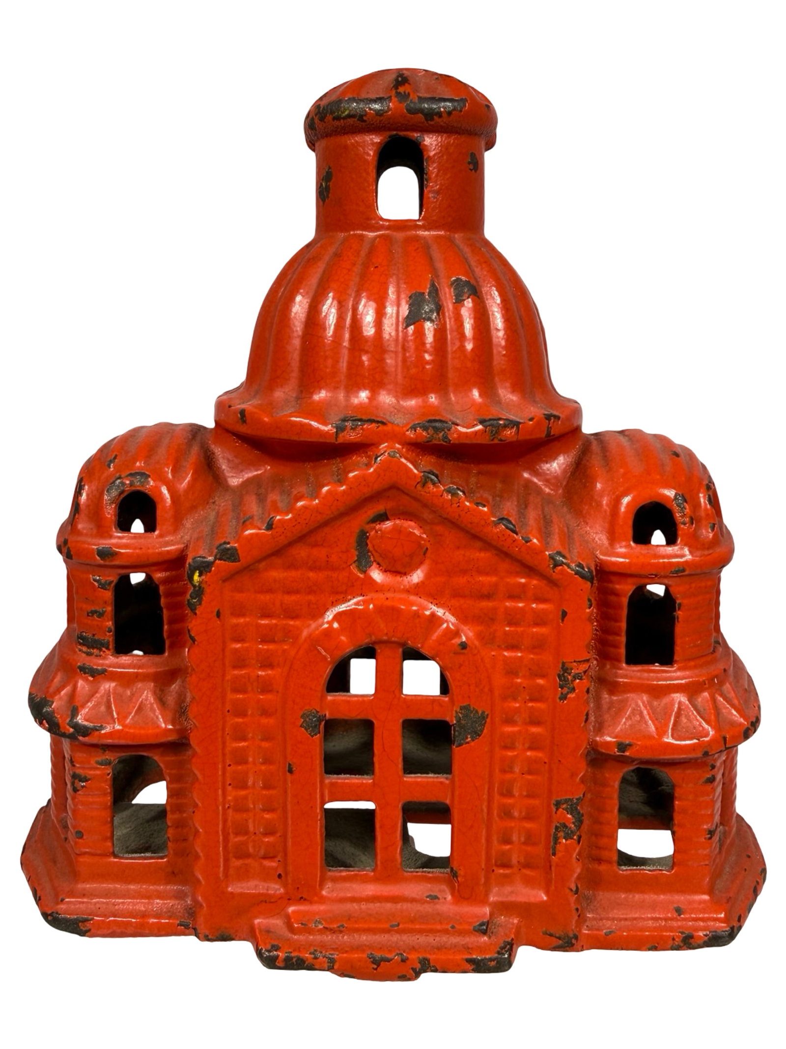 Medium Solid Orange Domed Mosque - Iron Bank: By the Grey Iron Casting Company. Mount Joy, Pa. - 1910's - 4 1/4" Tall. The Tom Kellogg Collection. Illustrated P. 32 in the Peirce Book.