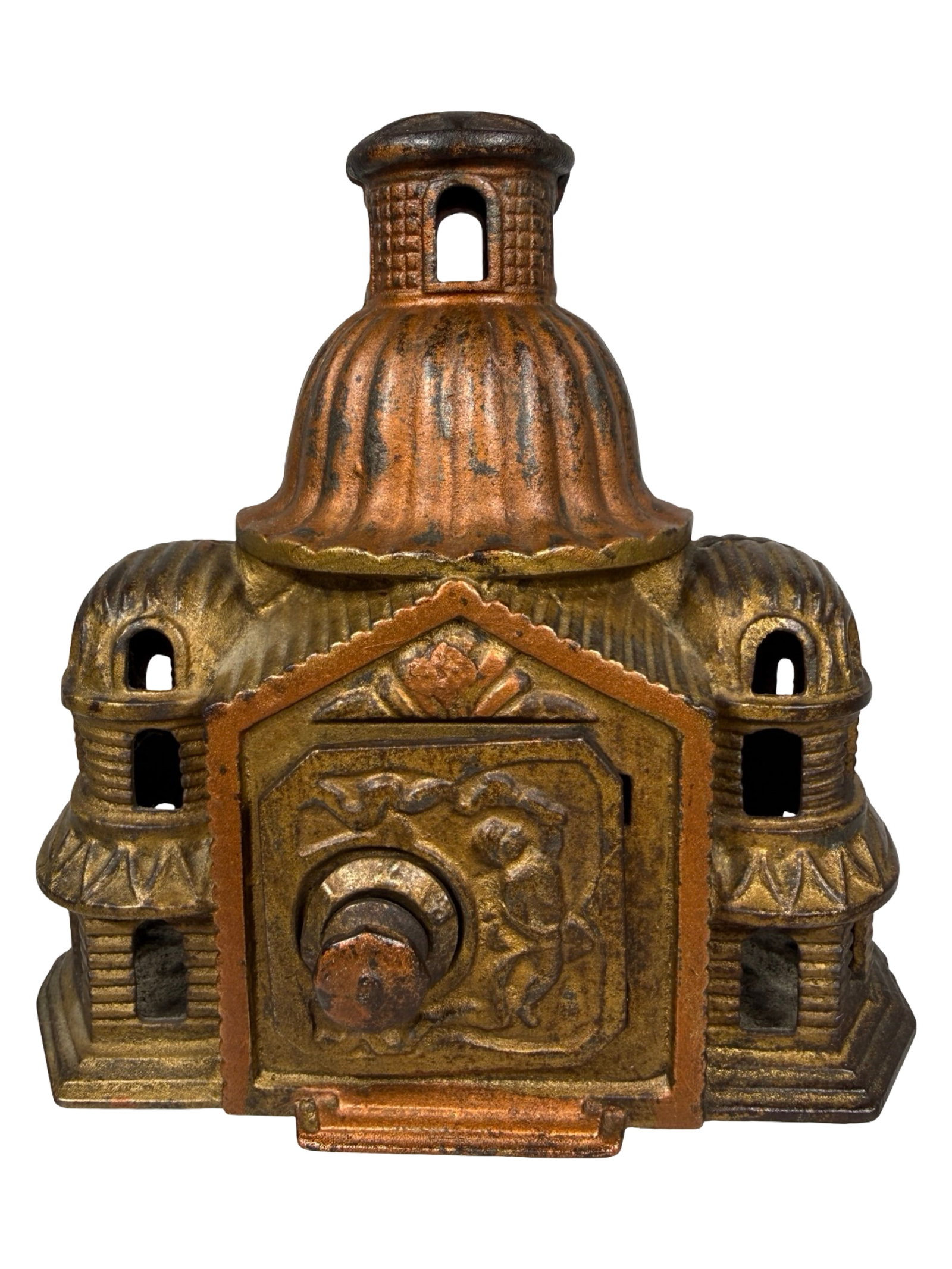 Large Domed Mosque Bank - Variant with Large Door: By the Grey Iron Casting Company. Mount Joy, Pa. - 1910's - 5 1/8" Tall. The Tom Kellogg Collection. Illustrated P. 31 in the Peirce Book.