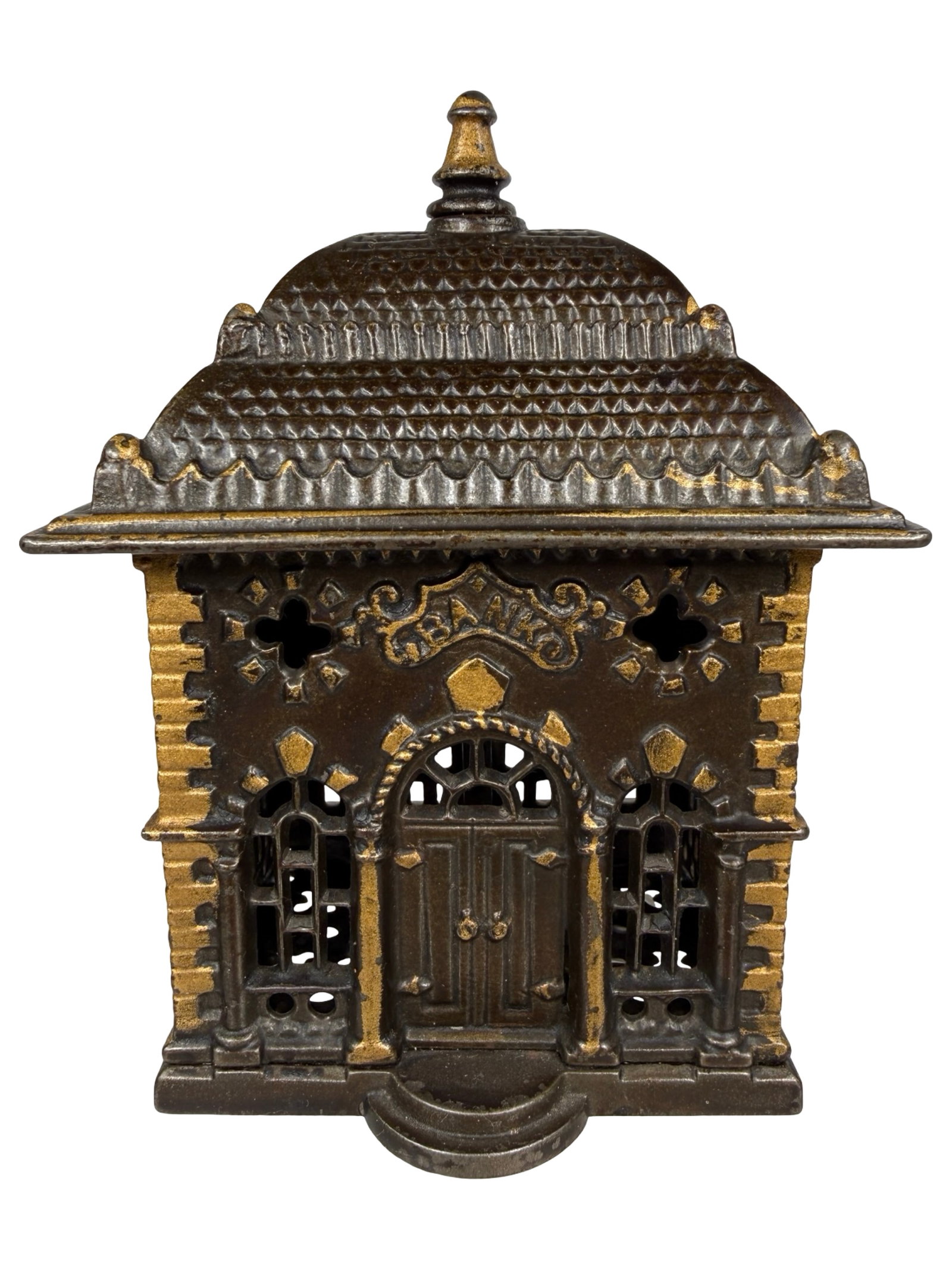 Home Savings Bank - Finished Brown and Gold: Made by the Shimer Toy Company. Pennsylvania - 1899 - 5 7/8" Tall. The Tom Kellogg Collection. Illustrated P. 154 in the Peirce Book.