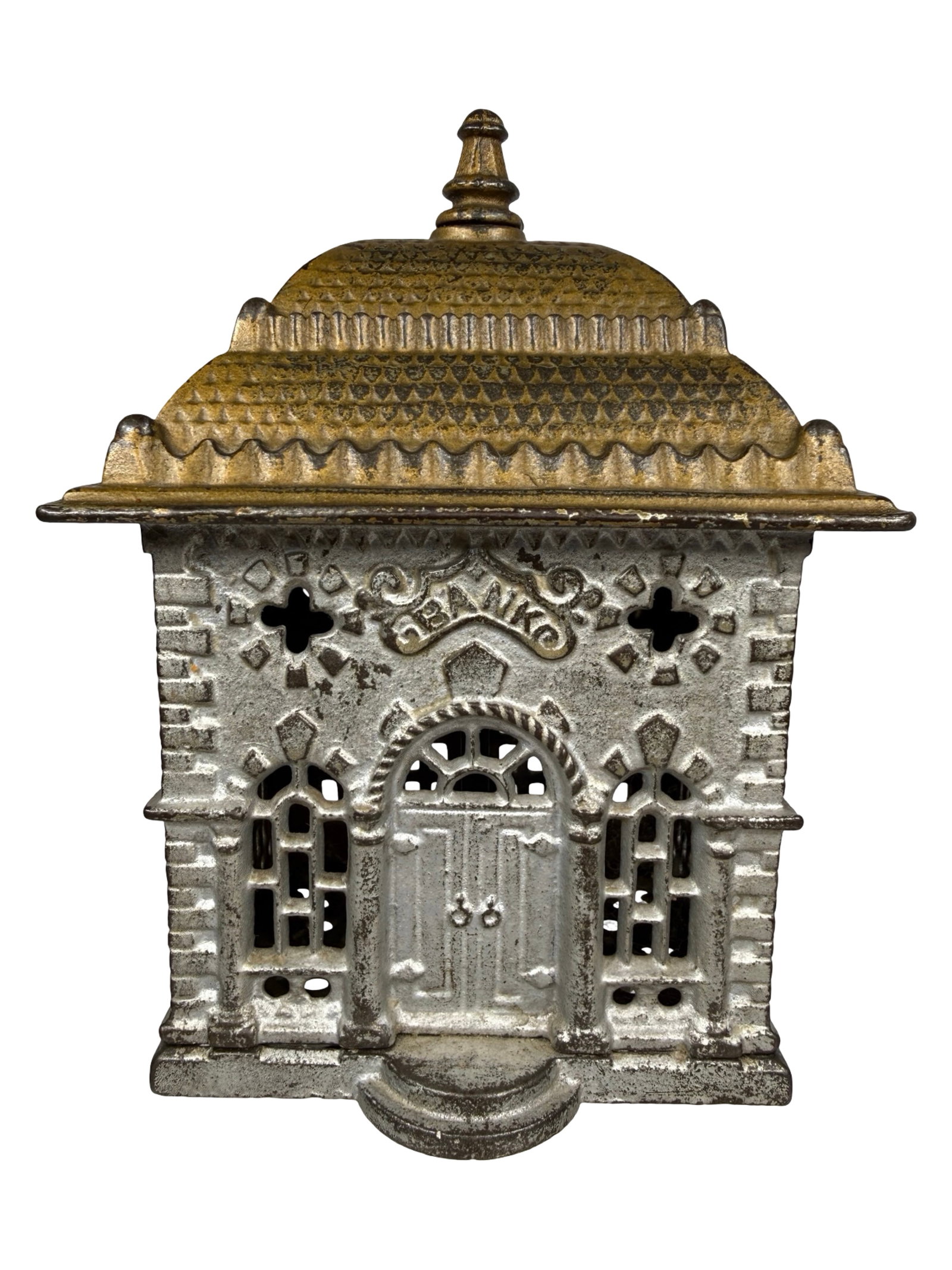 Home Savings Bank - Finished in Silver and Gold: Made by the Shimer Toy Company. Pennsylvania - 1899 - 5 7/8" Tall. The Tom Kellogg Collection.