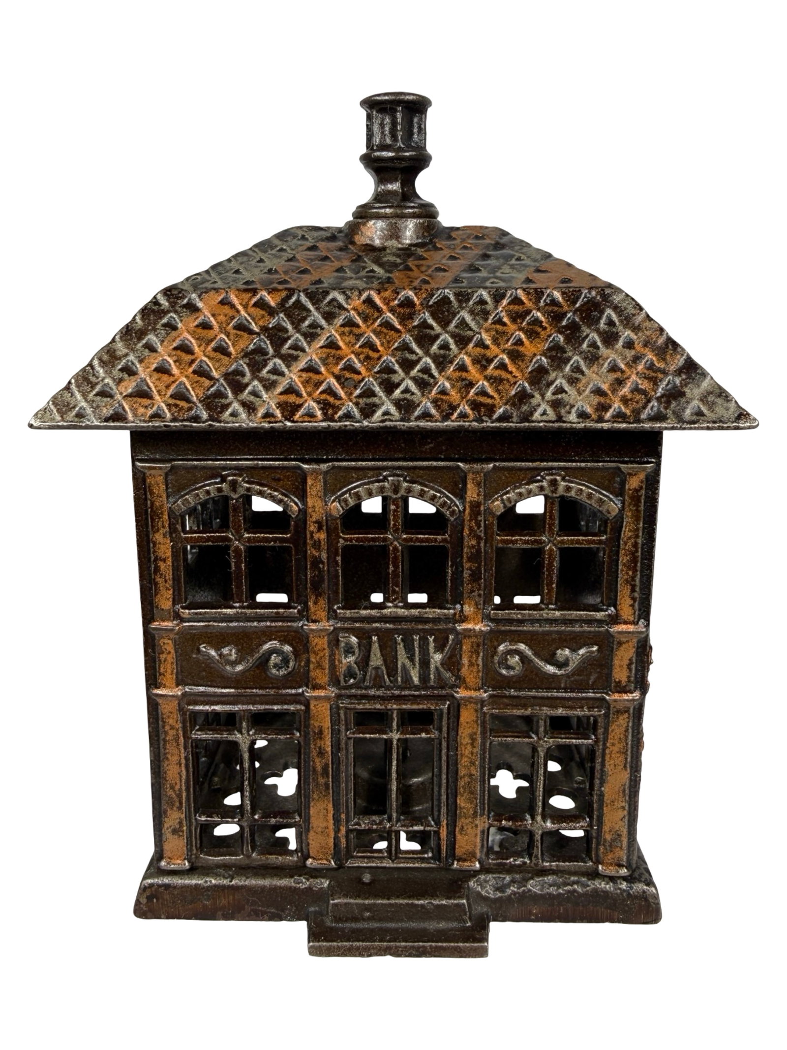 Magnificent Finial Bank - Scarce Dark Brown Finish: By the Kyser and Rex Company. Frankford, Pa. - 1887 - 5 3/4" Tall. The Tom Kellogg Collection. Illustrated P. 153 in the Peirce Book.