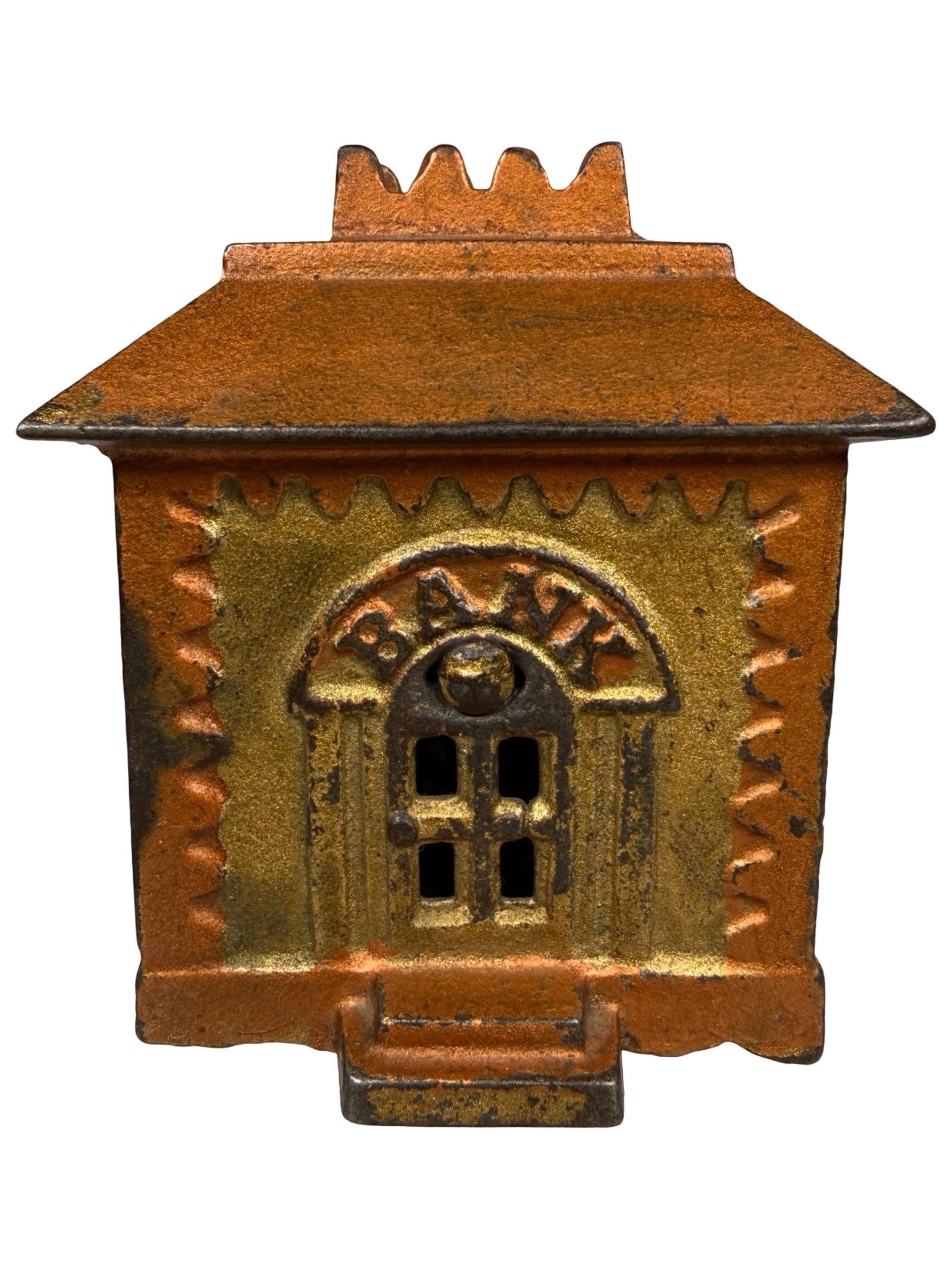 Crown Bank - Medium - Copper & Gold with Twist Pin: By Grey Iron Casting Company. Mount Joy, Pa. - 1915 - 3 5/8" Tall. The Tom Kellogg Collection.
